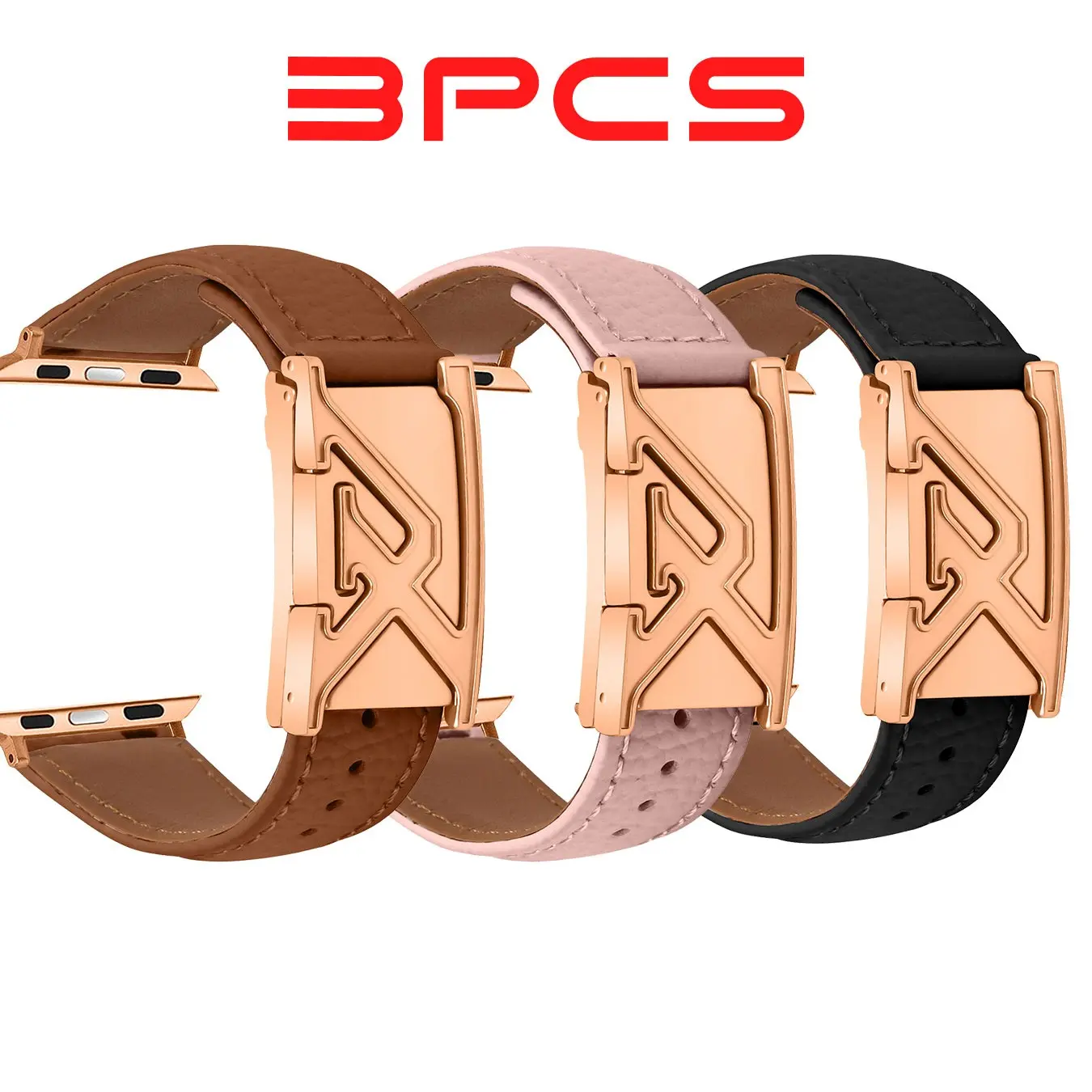 3 Pcs Genuine Leather Watch Strap, Rose Gold X Clasp, Fits Apple Samsung Huawei, Elegant Replacement Band, Multiple Combinations, Smartwatch Replacement Straps