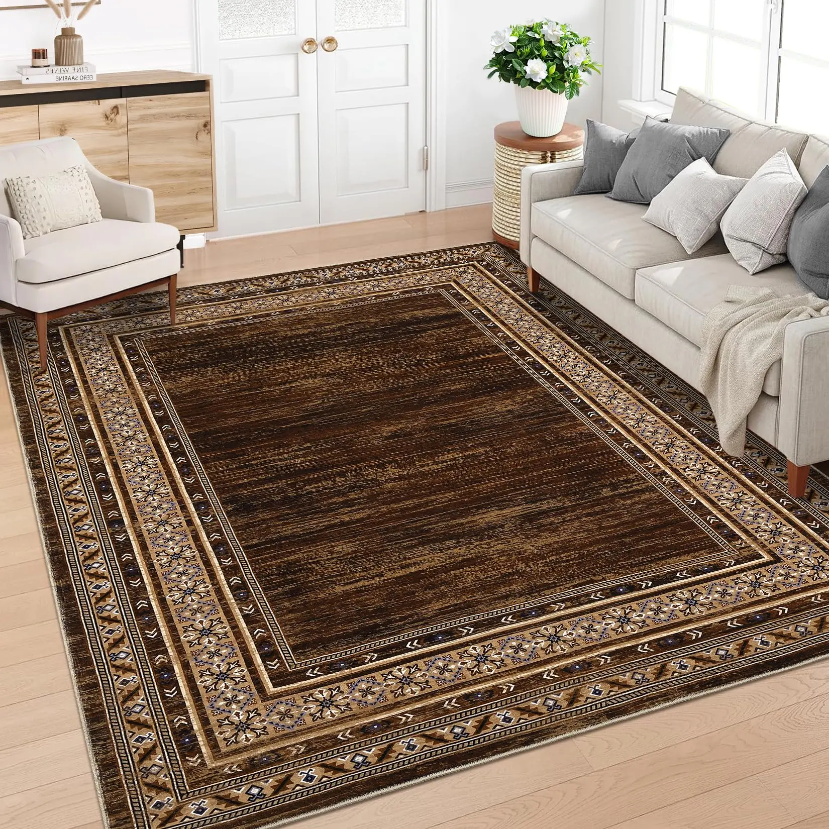 Washable Area Rug  Modern Distressed Geometric Bordered Carpet Ultra Thin Low Pile Non Slip Non Shedding Soft Floor Cover Mat for Living Room Bedroom Dining Room