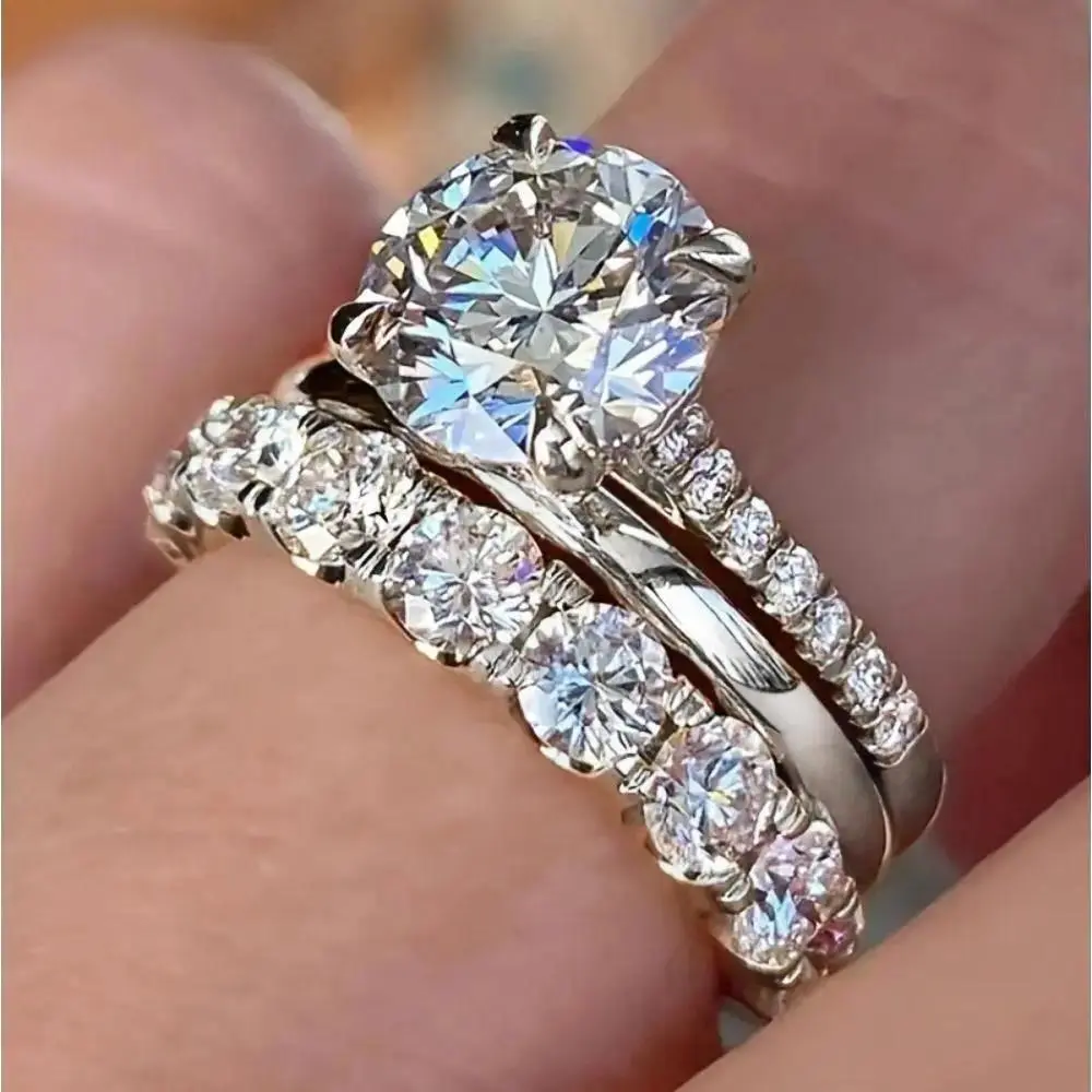 Women's 3-Pack 18K Gold Plated Stackable CZ Cluster Wedding Ring Sets - Tarnish-Free Stacking Set, Elegant Statement Jewelry for Daily Wear, Gifting