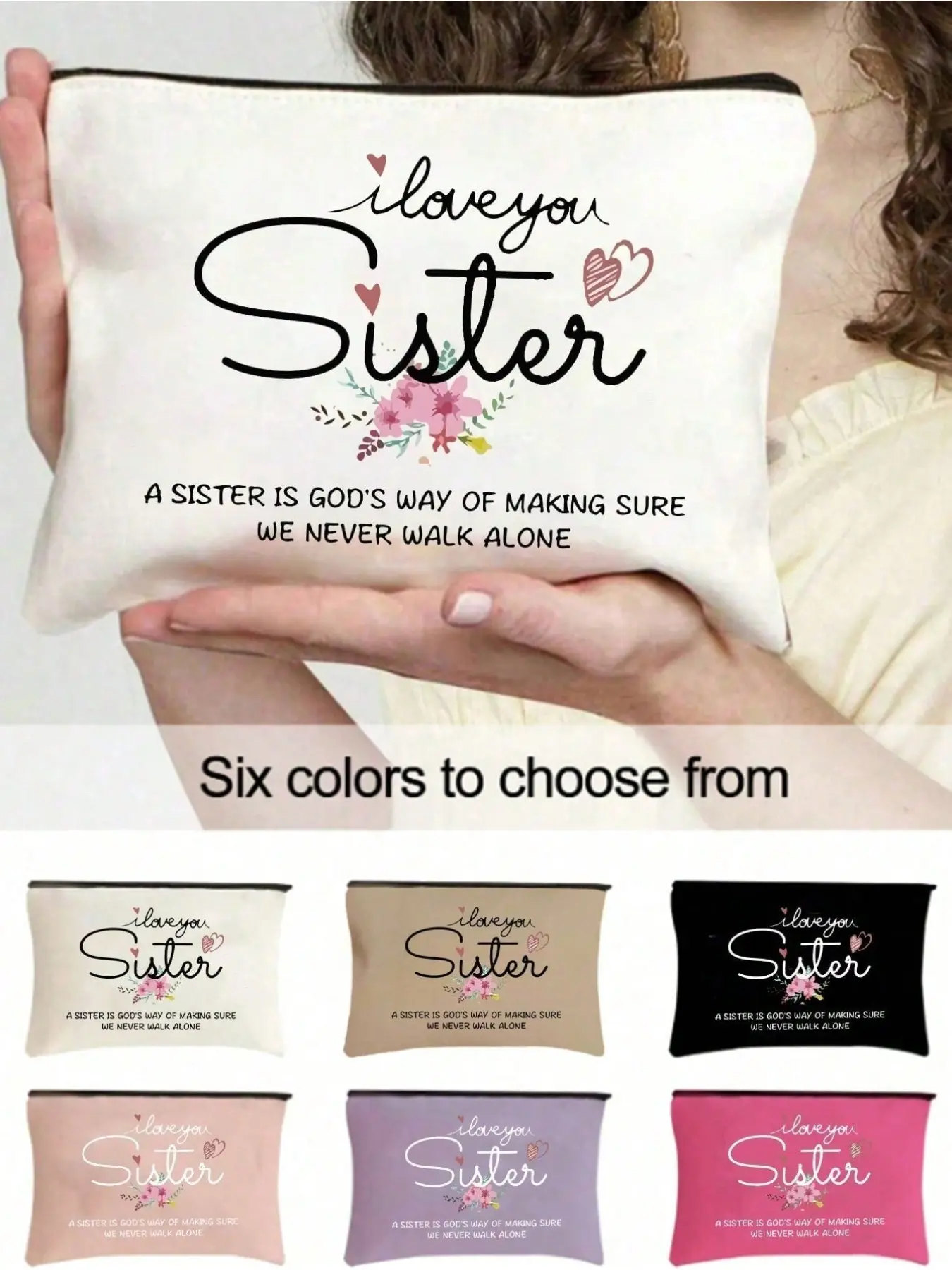 Personalized 'i Love You Sister' Zipper Bag, Floral Design, Large Capacity Travel Makeup Bag, Foldable Storage Bag, Ideal Gift