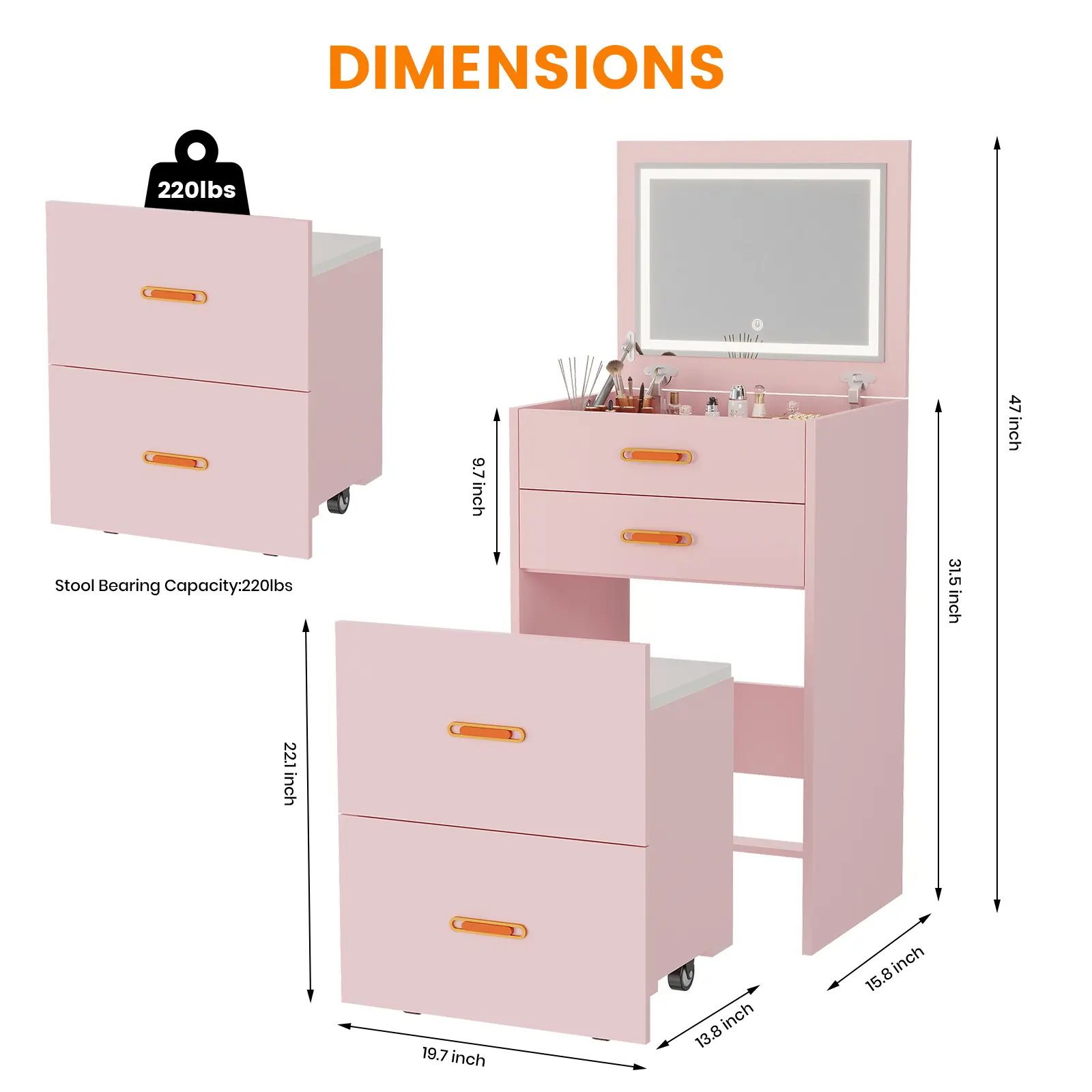 Space-Saving 3-in-1 Vanity Set, Compact Makeup Desk with Mirror, Stool and 3 Drawers, Ideal Dressing Table for Bedroom & Dressing Room