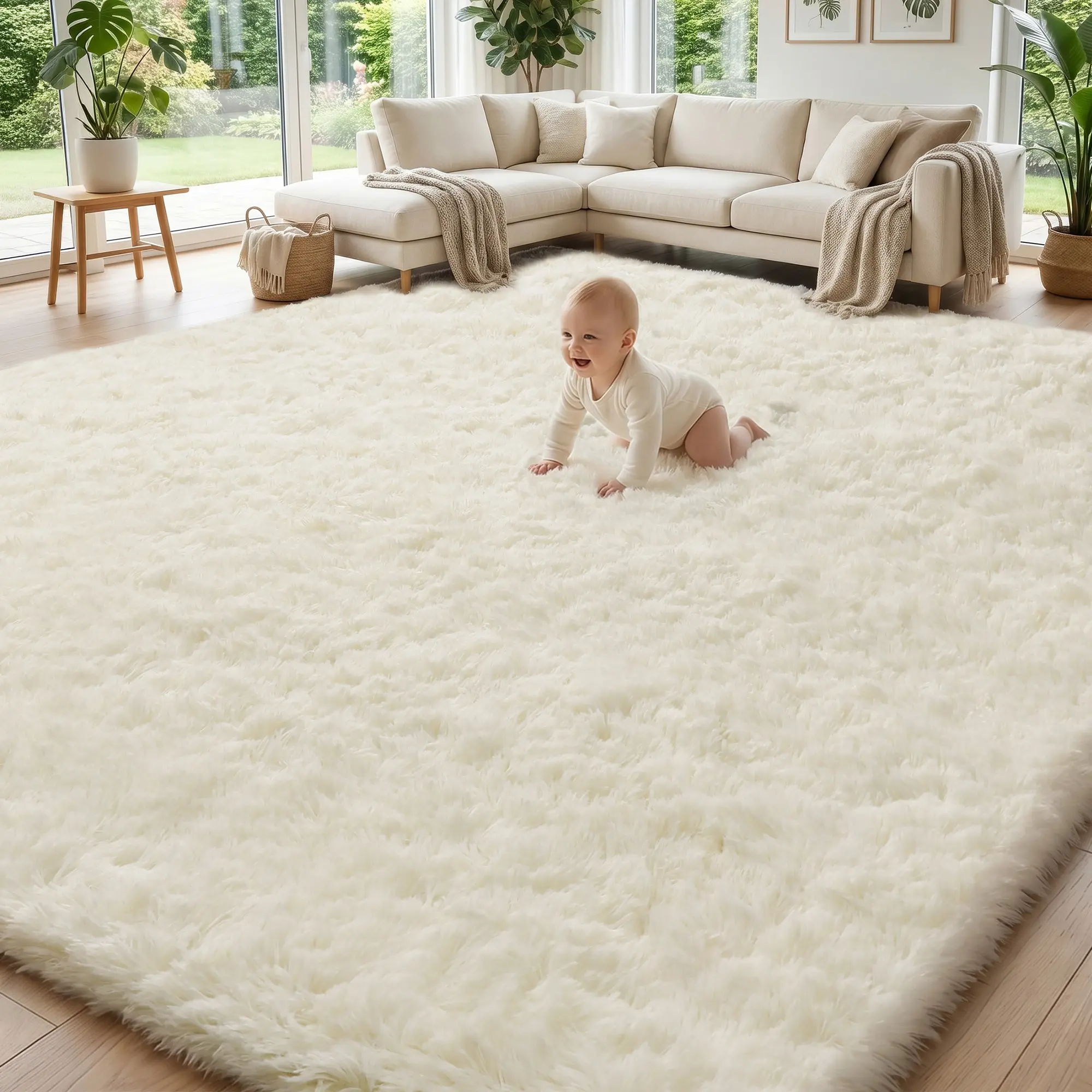 Large Size Shaggy Rugs, Big Plush Area Rug, Non-slip Soft Fluffy Carpet Mats for Livingroom Bedroom Nursery Home Decor Cream