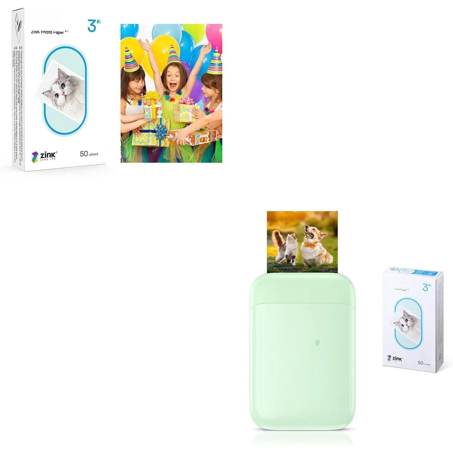 2x3' Mini Portable  Photo Printer Bundle w/ 100 Zink Adhesive Paper,  5.0, Compatible w/iOS & Android, Small Picture Printer for , Smartphone, Green