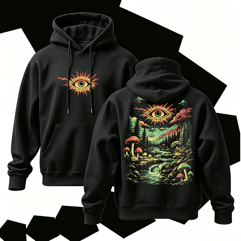 Trippy Mushroom Evil Eye Hoodie | 100% Cotton Soft Breathable Pullover | Psychedelic UFO Forest Landscape Aesthetic Streetwear Sweatshirt Black