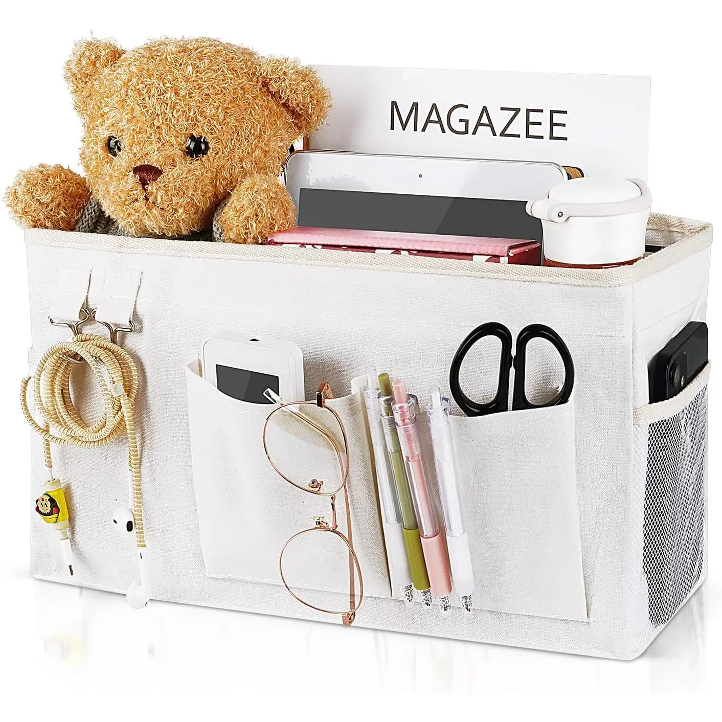 Multi-Pocketed Bedside Hanging Caddy Organizer with Magazine Slot, Water Bottle Holder, Phone Holder - Desk Accessory for Bunk, College Dorm Beds