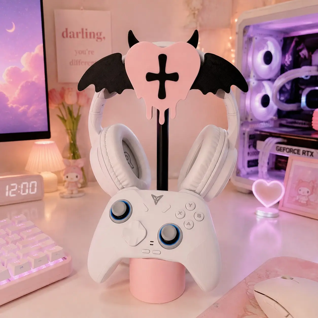 Kawaii Alt Aesthetic Gothic Bat Wings & Dripping Cross Heart Headphone Stand 2-in-1 Controller Holder with Cute Pink Base - 3D Printed Gaming Desk Decor & PC Setup Accessories, Perfect Gamer Girl Gift Idea