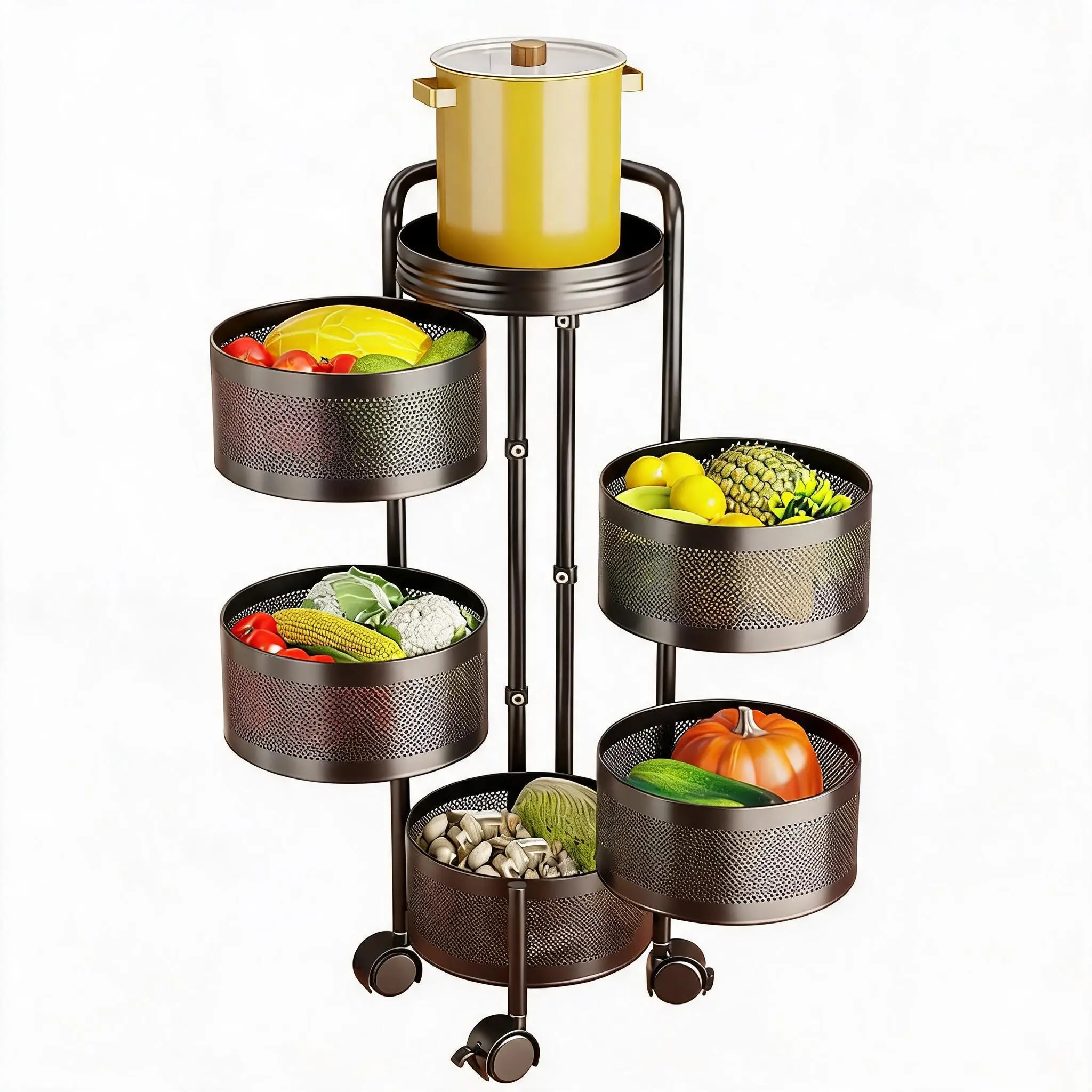 5-Tier Rolling Storage Cart - Heavy-Duty Carbon Steel Basket Organizer with Wheels, No Installation Required, Space-Saving Mobile Rack for Kitchen, Bathroom, Fruits