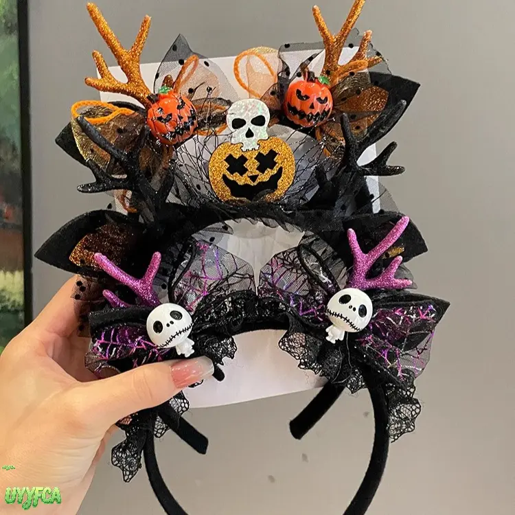 Gothic Antler Cat Ear Headband with Lace Mesh, Skull & Bow Hair Hoop for Women, Spooky Halloween Cosplay Costume, Non-Slip Party Props, Unisex Wear, All Seasons,back to school,back to school haul