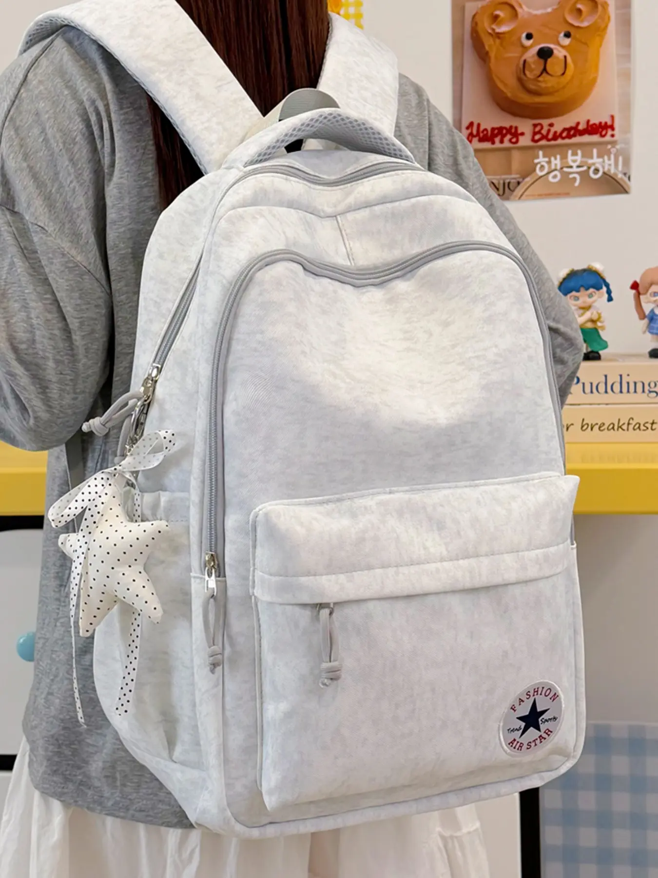 Star Badge Backpack, Plain Fabric, Preppy Style, All-Seasons, Large Capacity, School & Travel Bag, Girls' Casual Backpack, Backpacks For School