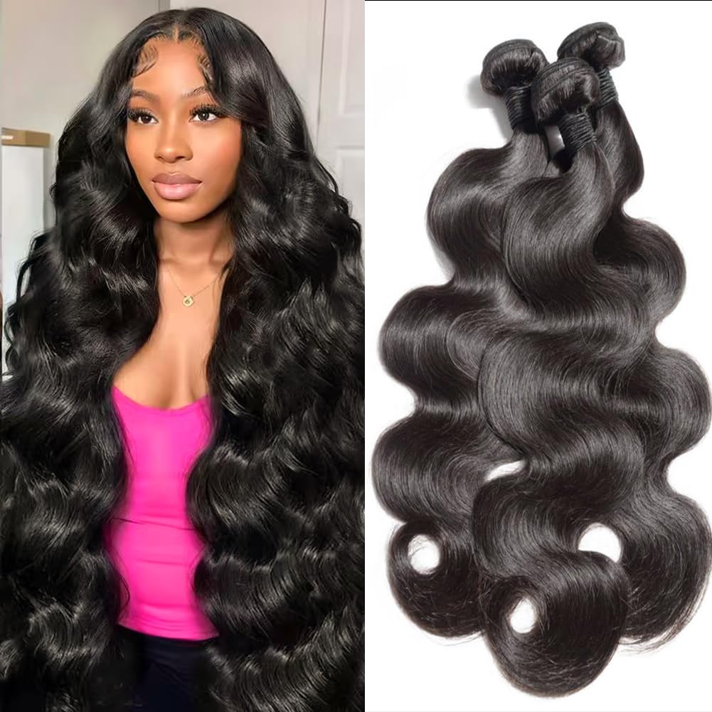 Rovess Hair【12APremium Upgraded】Body Wave Human Hair Bundles 24 32 34 Inch 12A Body Wave bundles Unprocessed Brazilian Virgin Hair 3 Bundles Human Hair Deals Real Human Hair Natural Black Colo For Woman outdoorfun