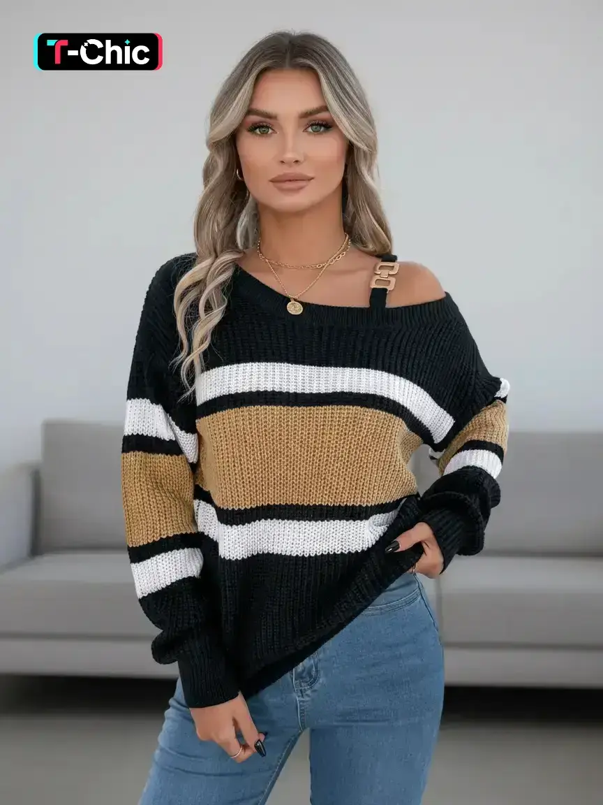 Women's Striped Print Asymmetrical Neckline Buckle Decor, Casual Drop Shoulder Long Sleeve Knitted Pullover Jumper for Fall & Winter, Fashion Ladies' Knitwear for Daily Wear Tops, Knit Sweater Pullover