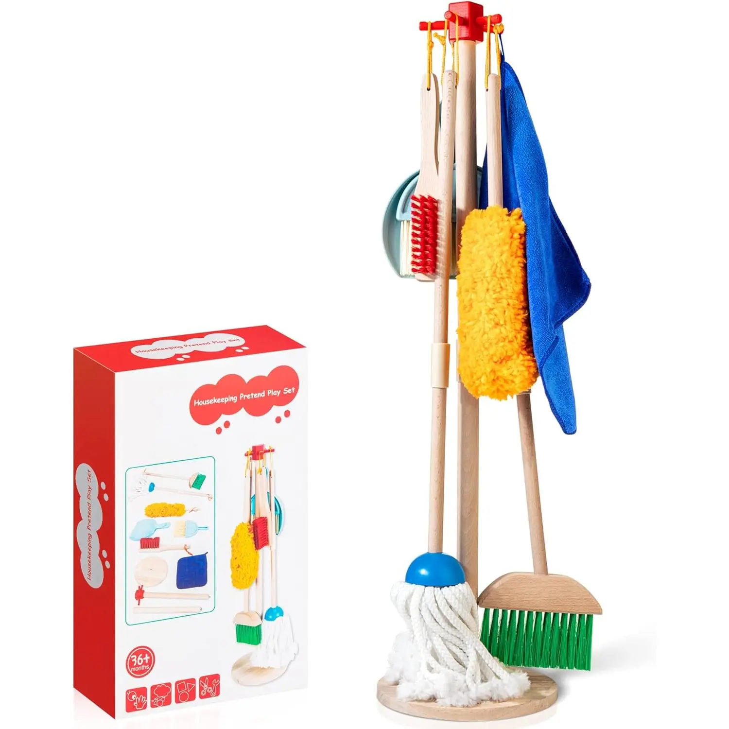 Solid Wood Kids Cleaning Tools Set, 8-Pieces Montessori Pretend Play Toy with Broom and Mop, Housework Gift for Boys/Girls Ages 3+