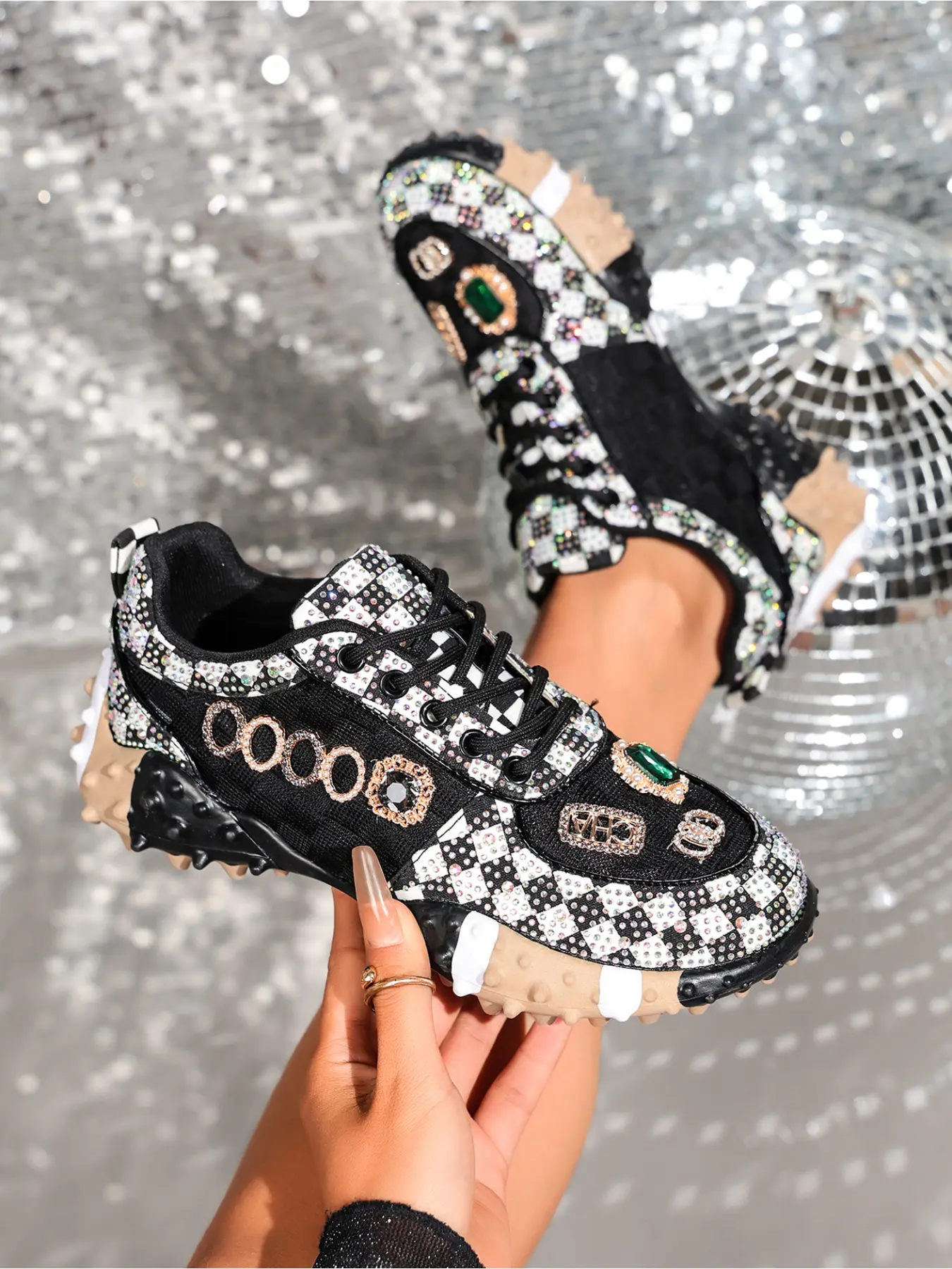 Women's Shoes Luxury Rhinestone Checkered Lace Up Sneakers Gem Ornament Spiked Non Slip Platform Sole Fashion Party Daily Casual Shoes