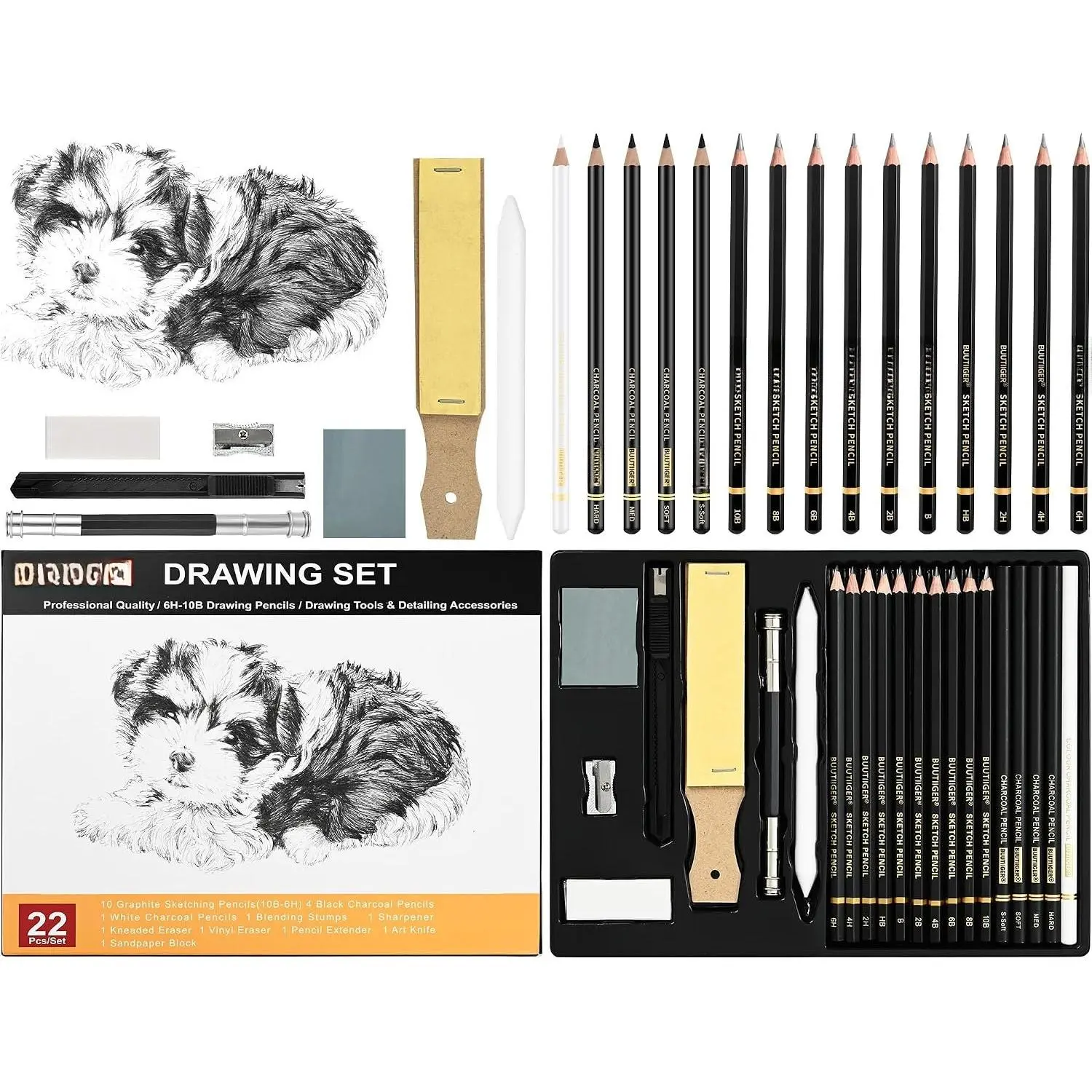 22 count Drawing Sketching Pencil Set, Graphite Pencils (10B-6H) | Charcoal Sticks, Blending Stumps, Erasers, Pencil Sharpeners, Drawing Sketch Supplies, Art Pencils for Beginners & Artists