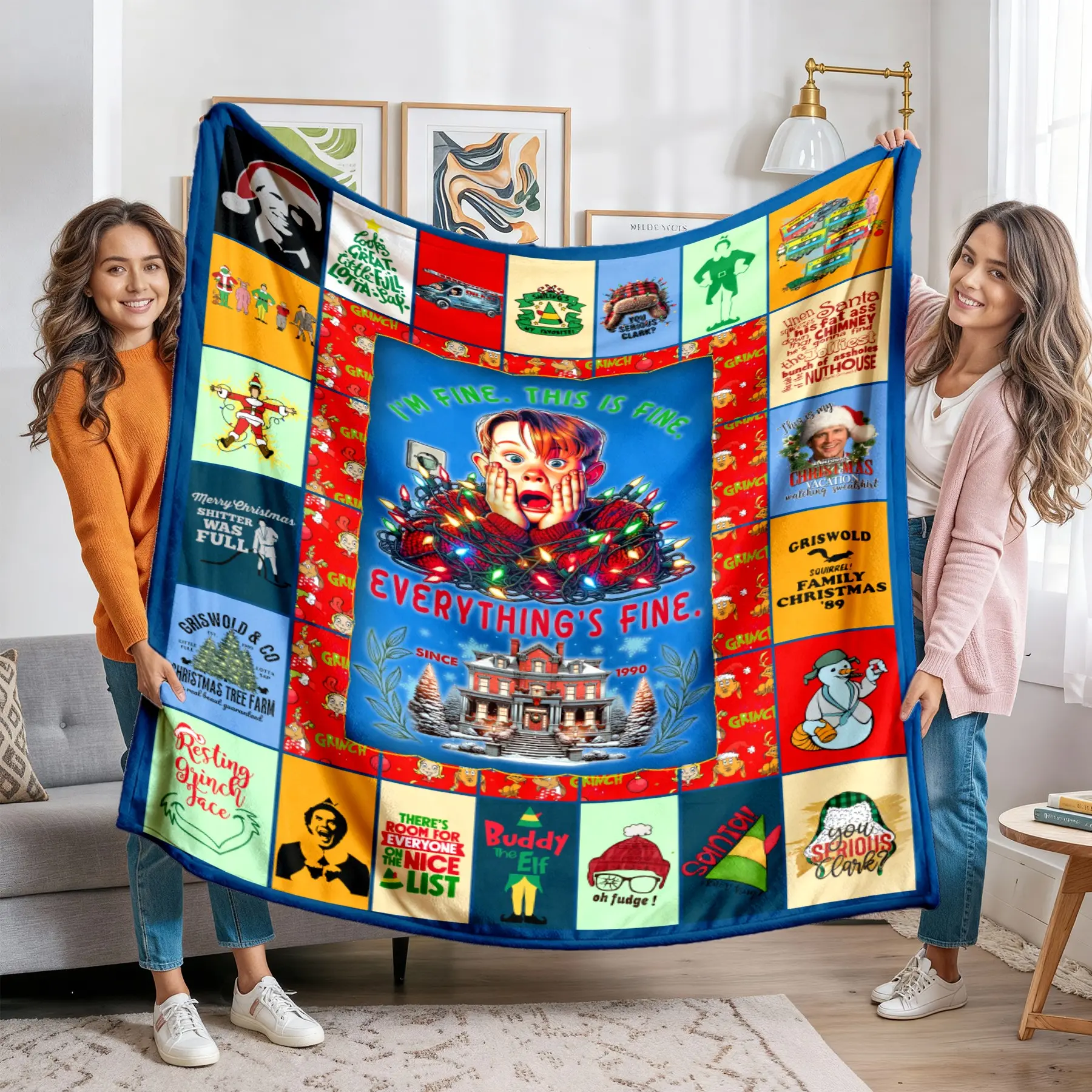 Classic Christmas Movies Collage Flannel Blanket, Home Alone, Christmas Vacation, Grinch & Elf Funny Quote Throw, Vintage Holiday Gift, Woven Throw Blanket