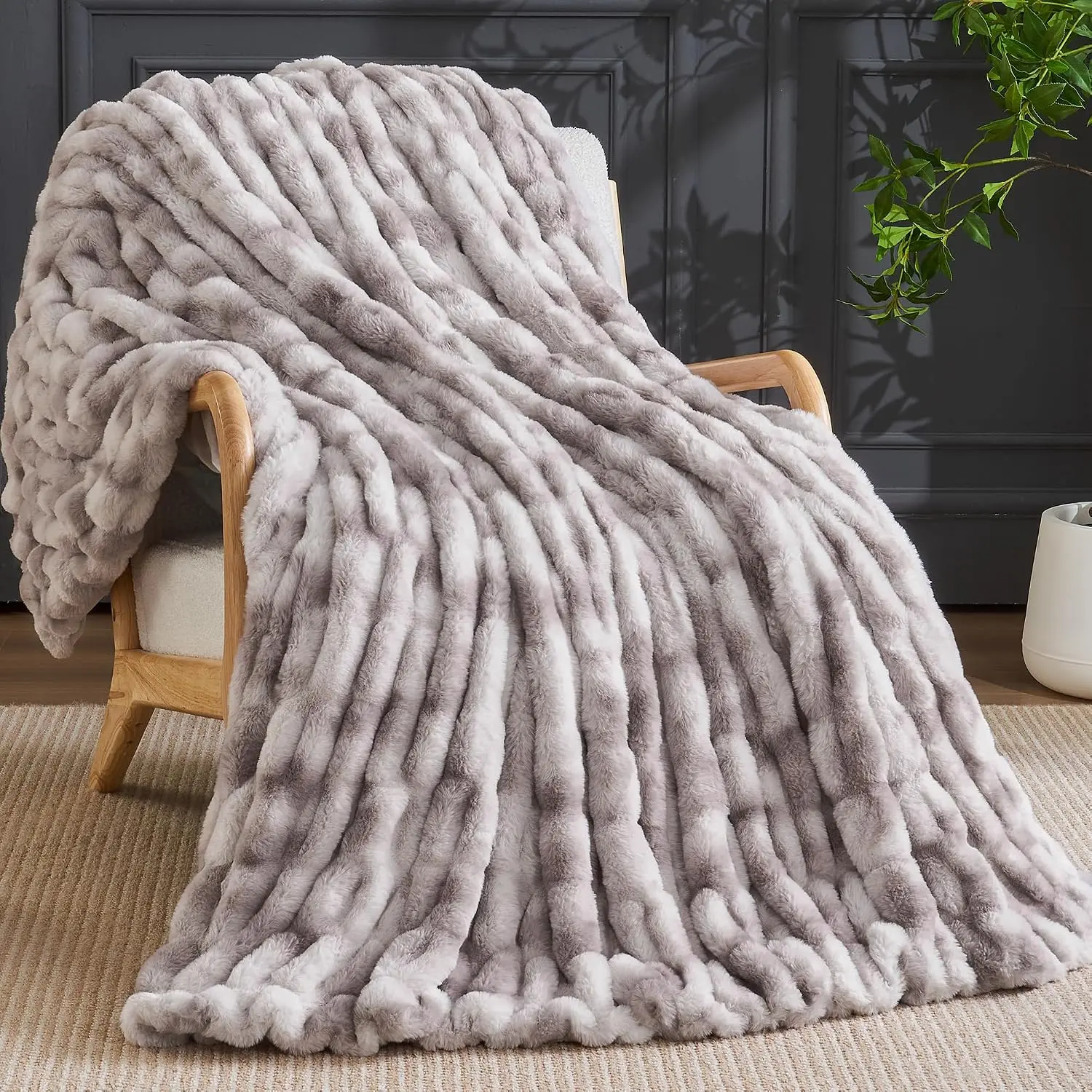 Ruched Faux  Throw Blanket, Soft Plush  Blanket, Warm Thick Cozy Blanket for Couch Bed and Sofa, Fuzzy Comfy   Throw Blankets Gifts for Women Mom Her (50"x60",Tie-dye Taupe)