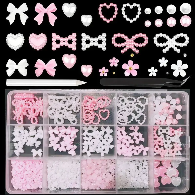 3D Bow & Heart Nail Charms Set with Tweezers and Picker Pen, 1000pcs/box Pink & White Unscented Assorted Shapes Nail Art Decorations for Press on Nails Nail Accessories, Nail Art Kit, Nail Art Supplies