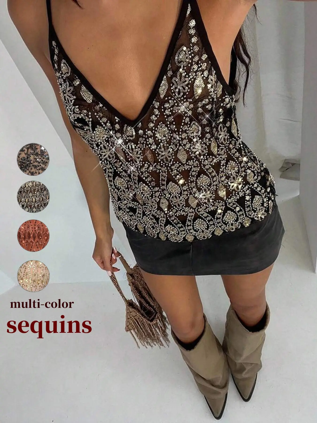 Women's Transparent Mesh Deep V-Neck Strap Backless Short Streetwear Top with Sequin Patchwork, Chic Street Style for Parties and Casual Wear