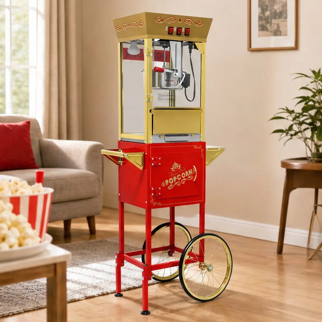 Classic ARCH Vintage Portable Popcorn Machine Cart - 12oz Stainless Steel Kettle, Red Movie Theater Style, 3-Switch Control, Tempered Glass, Storage Cabinet, Mobile Wheels, 16.73w, 18.3 l x 16.53 w x 30.63 h in, 39.34 lb, for Family Party Home Kitchen, St