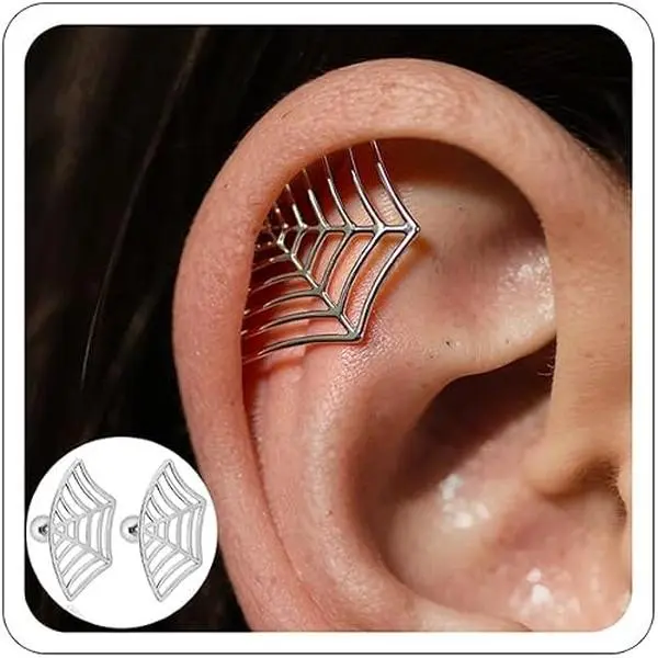 2PCS Spider Web Helix Piercing Studs Silver Plated Curved Cartilage Earring Gothic Witchy Conch Tragus Jewelry Alt Aesthetic Halloween Gift for Women