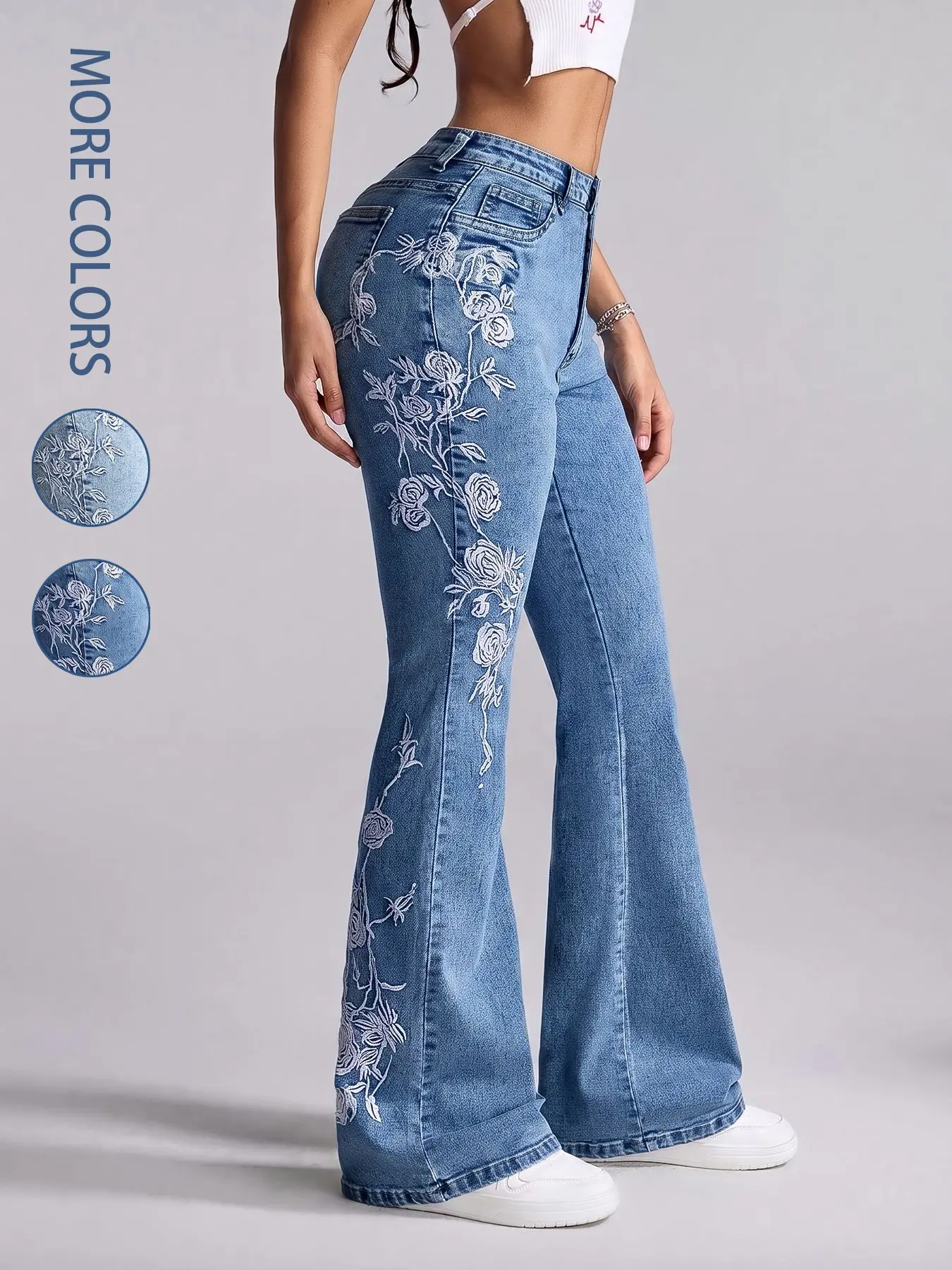 Women's Casual Fashion Floral Embroidered Stretch Fitted High Waist Elegant Flare Jeans, Comfortable and Stylish Denim Jeans for Everyday Wear