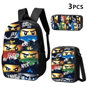 Durable Water Resistant 3-Piece Kids Backpack Set with Lunch Box & Pencil Case, Lightweight School Bag with Colorful Block Ninja Print, Breathable Straps