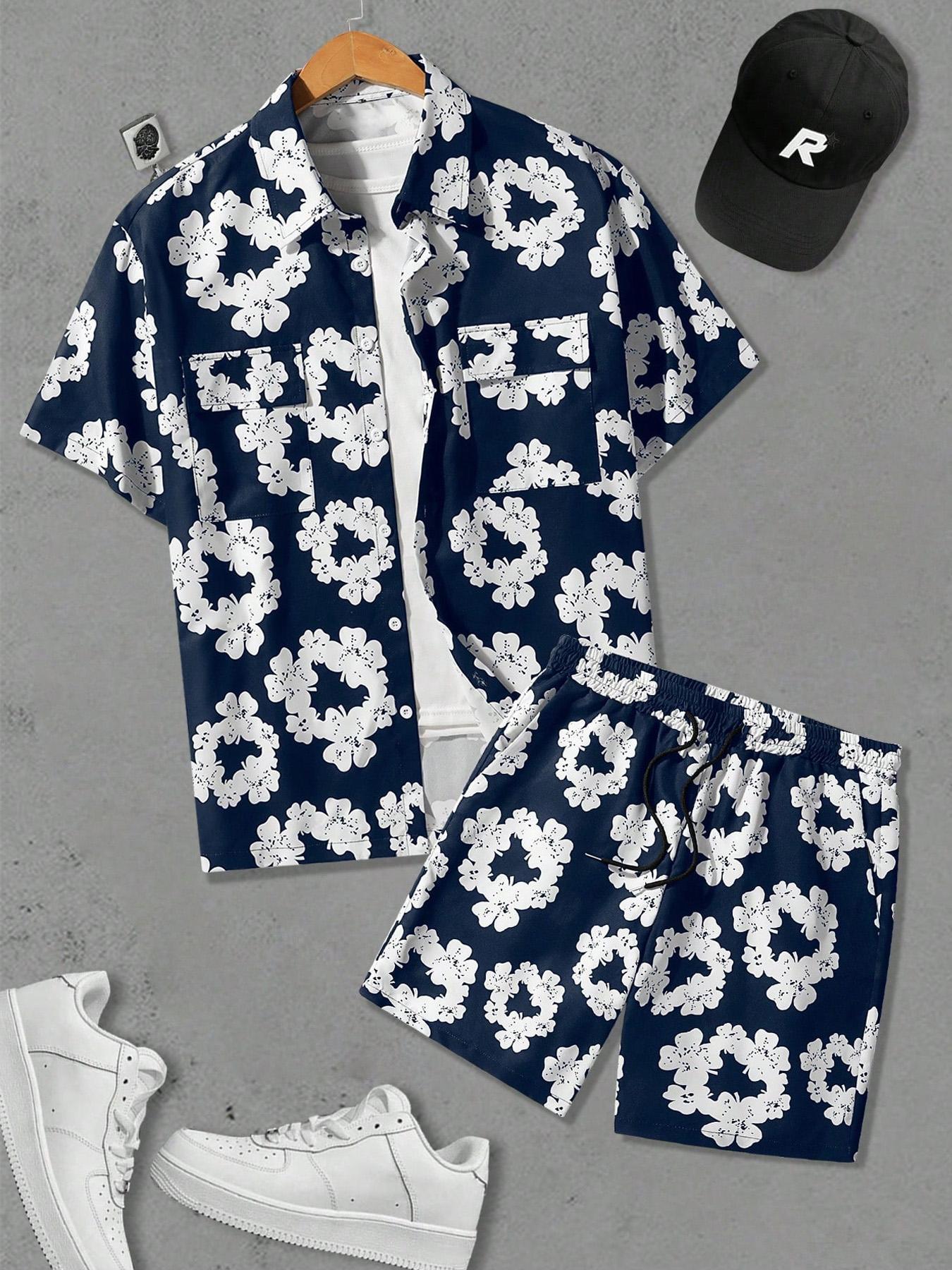 Men's Floral Print Shortsleeve Top & Shorts Two-piece Set, Regular Fit Casual Fashion Cozy Short Sleeve Collared Top & Track Shorts for Daily Outdoor Wear, Menswear for Summer, Tops Shorts Set