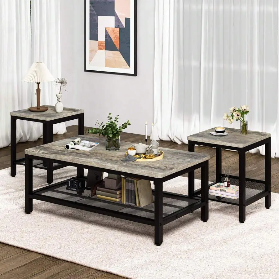 Coffee Table Set Of 3, Industrial Coffee Table With 2 Square End Side Tables, Living Room Table Set With Metal Frame Apartment Home Office