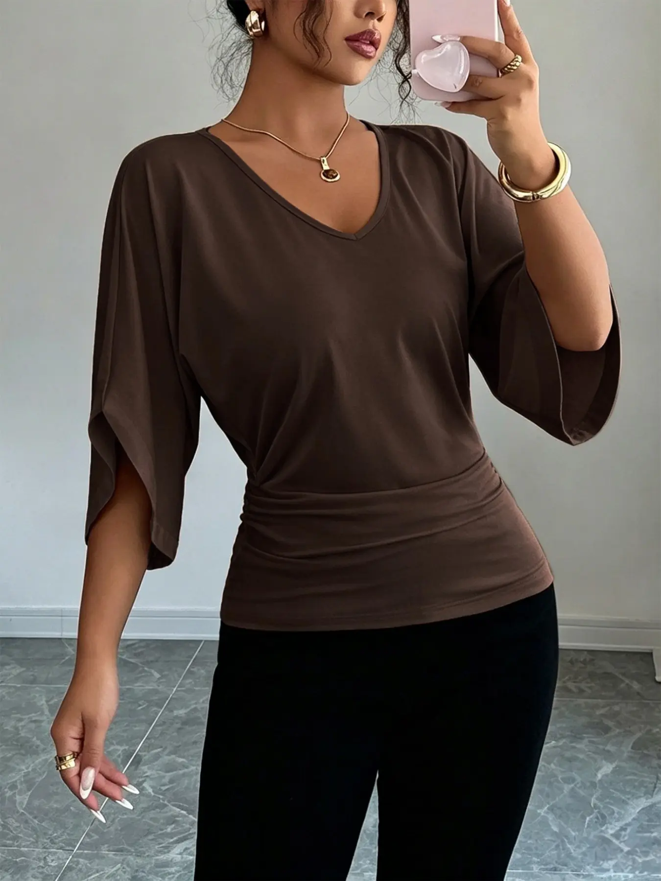 Women's Ruffle Batwing Sleeve V-Neck T-Shirt, Summer Solid Color Lightweight Top, Elastic Waist, Casual Daily Wear, Multiple Colors Available