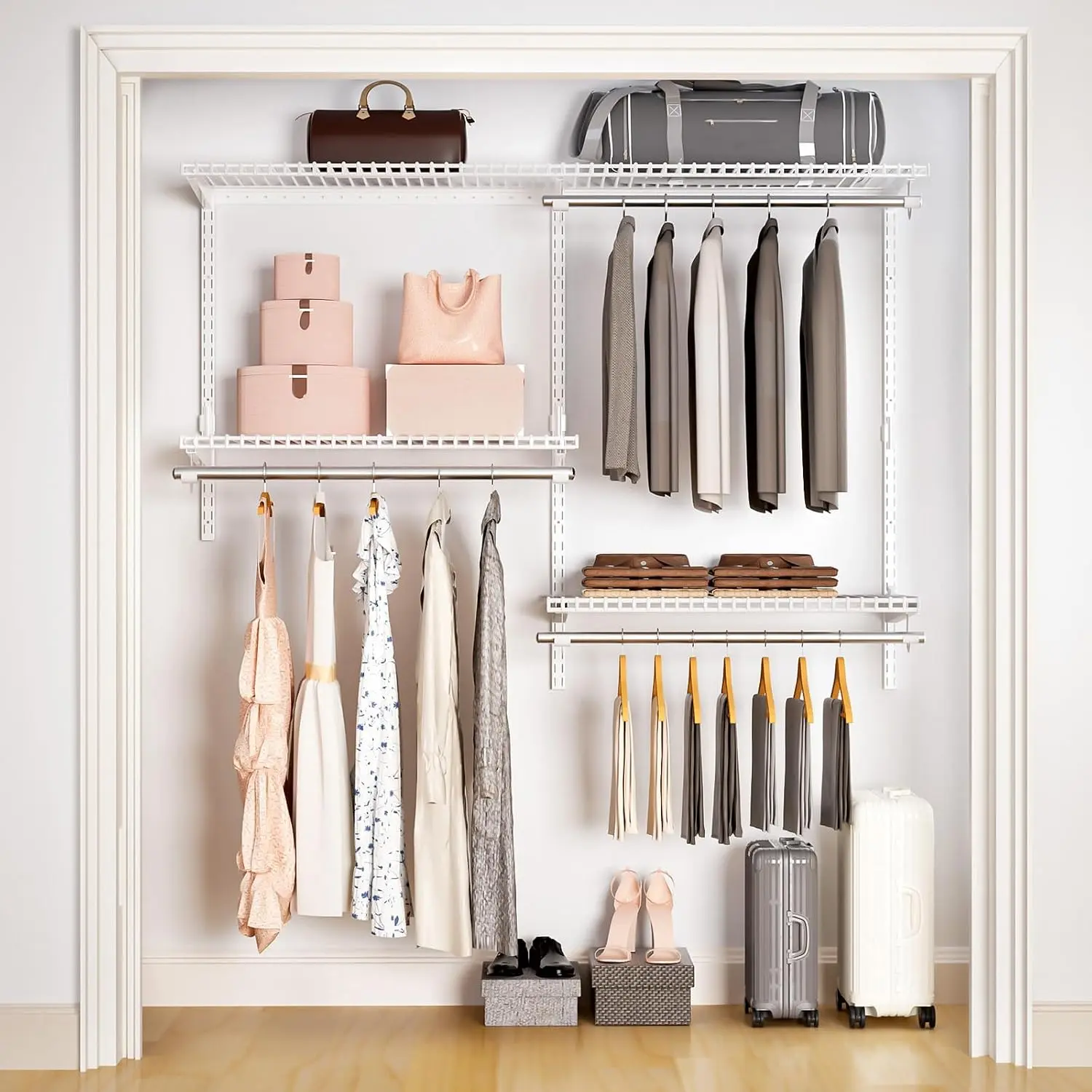 Sturdy Wall Mount Closet Organizer System - 4.4 Ft. Custom Metal Wire Mesh Shelving Kit, Adjustable Rods & Closet Shelf for Bedrooms, Easy DIY Assembly for Clothes, Handbags