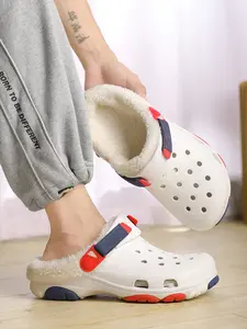 1 Pair Retro 4-Color Couple Fleece Lined Clogs Warm Plush Anti-Slip Durable Hollow Design Size 35-46 Indoor/Leisure - Fleece Lined EVA, Lightweight & Ideal for Home
