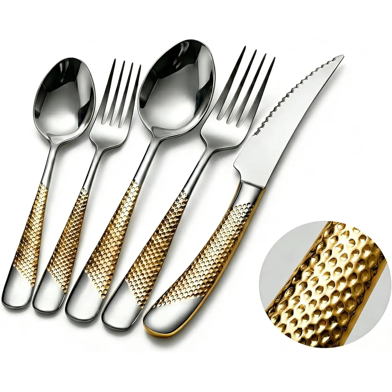 20- Modern   Hammered Silverware Set with Ultra  2-IN-1 Serrated , 18/10 Stainless Steel Flatware Set Service for 4,  Cutlery for  &