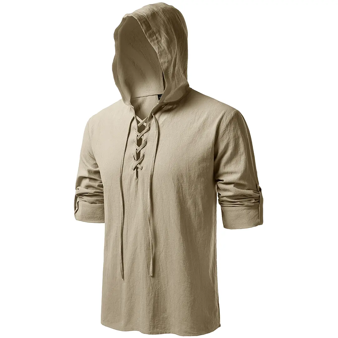 JEMITOP Men's Pure Cotton Plain Hooded Shirt - Menswear Clothes with Drawstring Hood, Retro Lace-Up Design for Renaissance Viking Costume, All-Year Wear