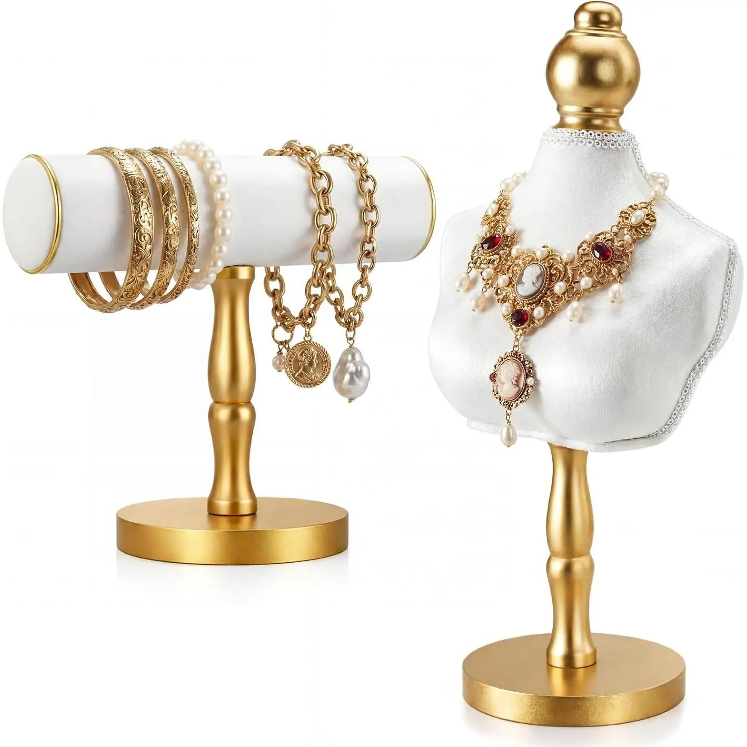 AceOrbit 2 Pcs Vintage Velvet Jewelry Display Set, Necklace Mannequin Bust & T-bar Bracelet Holder for Retail Home Decor, White