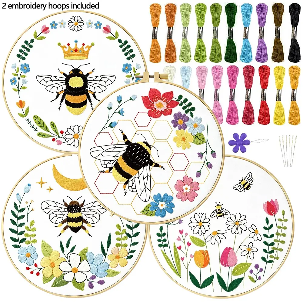 4-Piece Garden Bee Themed Embroidery Kit for Beginners, Perfect for Sewing Enthusiasts, Includes Thread, Tools, and 2 Hoops