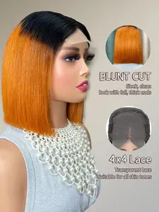 Summer Human Hair 4x4 Lace Colorful Bob Wig, 10 Inch Blunt Cut Short Straight Wig, Pre Plucked Natural Hairline, Lightweight Wearable Style For Women Daily Fashion