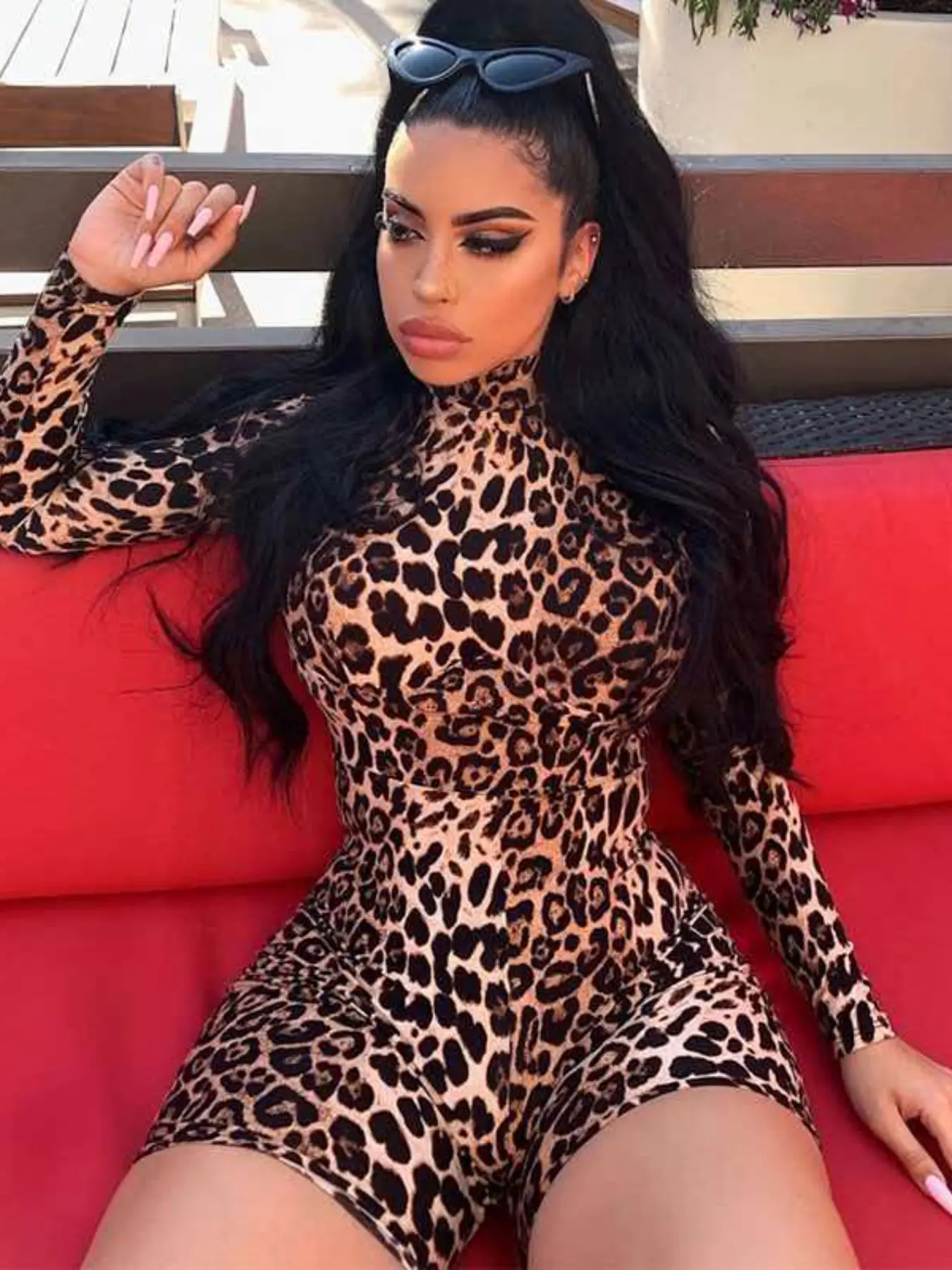 Leopard Print Bodysuit, High Saturation, Half Neck Design, Long Sleeve, Breathable Mesh Fabric, Perfect for Nightclub Parties