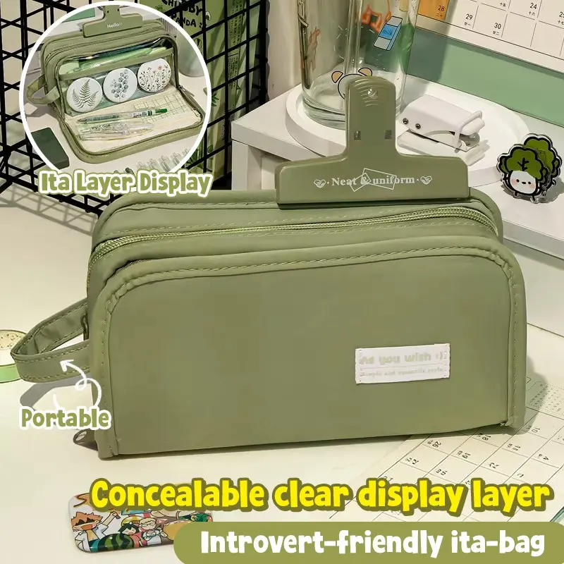 Multi-Layer Canvas Pencil Case, Portable, Concealable Clear Display Layer, Large Capacity, Zipper Closure, DIY Compatible, Scratch-Resistant, Unisex, Student Office Supplies