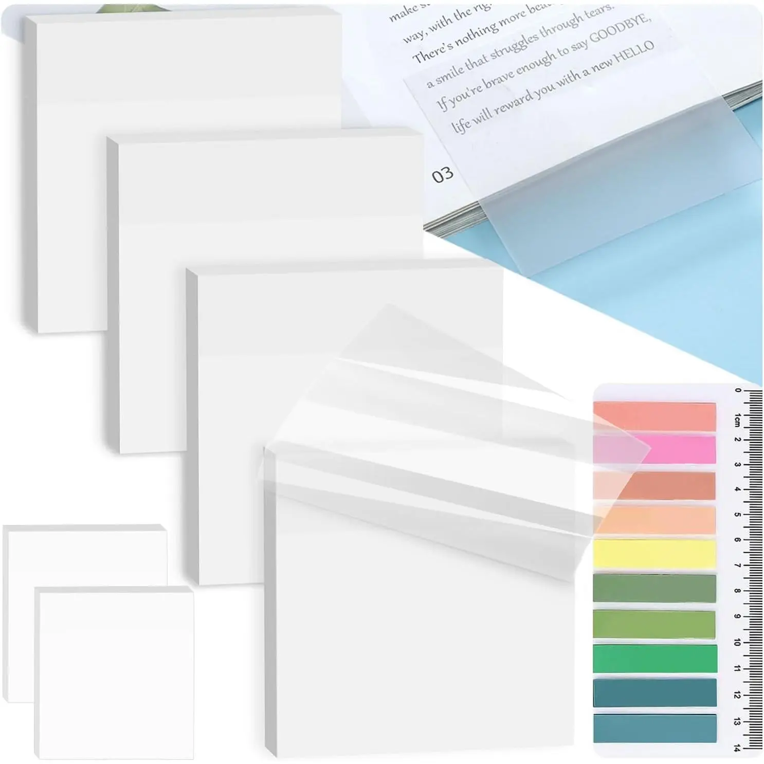 7-in-1 Transparent Sticky Notes 【400 Sheets: 7 Pads】-  3x3 inch Clear Sticky Note with Sticky Tabs  & 5X Stickiness, See-Through Translucent Sticker for School Office  Supplies