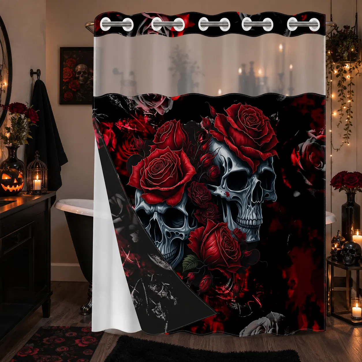 1Pc Hookless Double Layer Shower Curtain, Gothic Skull Design Red Rose Print Halloween Bathroom Decor, Waterproof Mildew Resistant Washable Fabric, Removable Snap-in Liner, Top See-Through Window, For Apartment, Guest Bath, RV, No Hook Shower Curtain