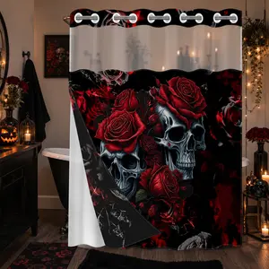 1Pc Hookless Double Layer Shower Curtain, Gothic Skull Red Rose Print Halloween Bathroom Decor, Waterproof Mildew Resistant Washable Fabric, Removable Snap-in Liner, Top See-Through Window, For Apartment, Guest Bath, RV