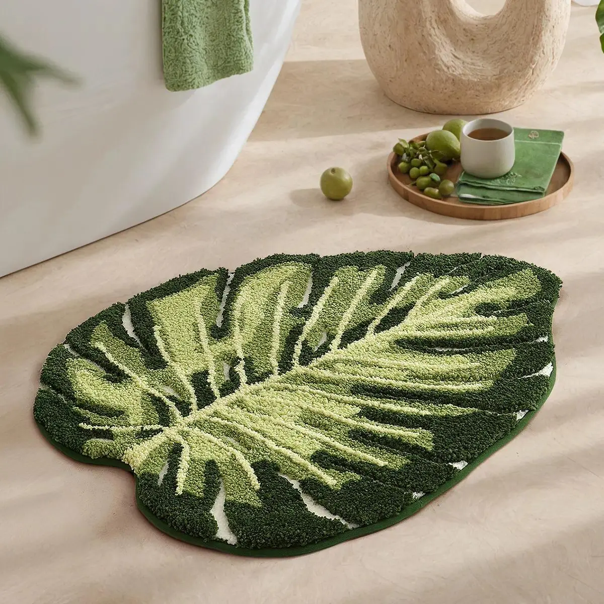 Green Tropical Monstera Leaf Print Bathroom Mat - Microfiber, Absorbent, Non-Slip Bath Rug with Natural Look, Hawaiian Plant Themed for Bathroom Indoor Home Decoration, Unique Decor, Indoors