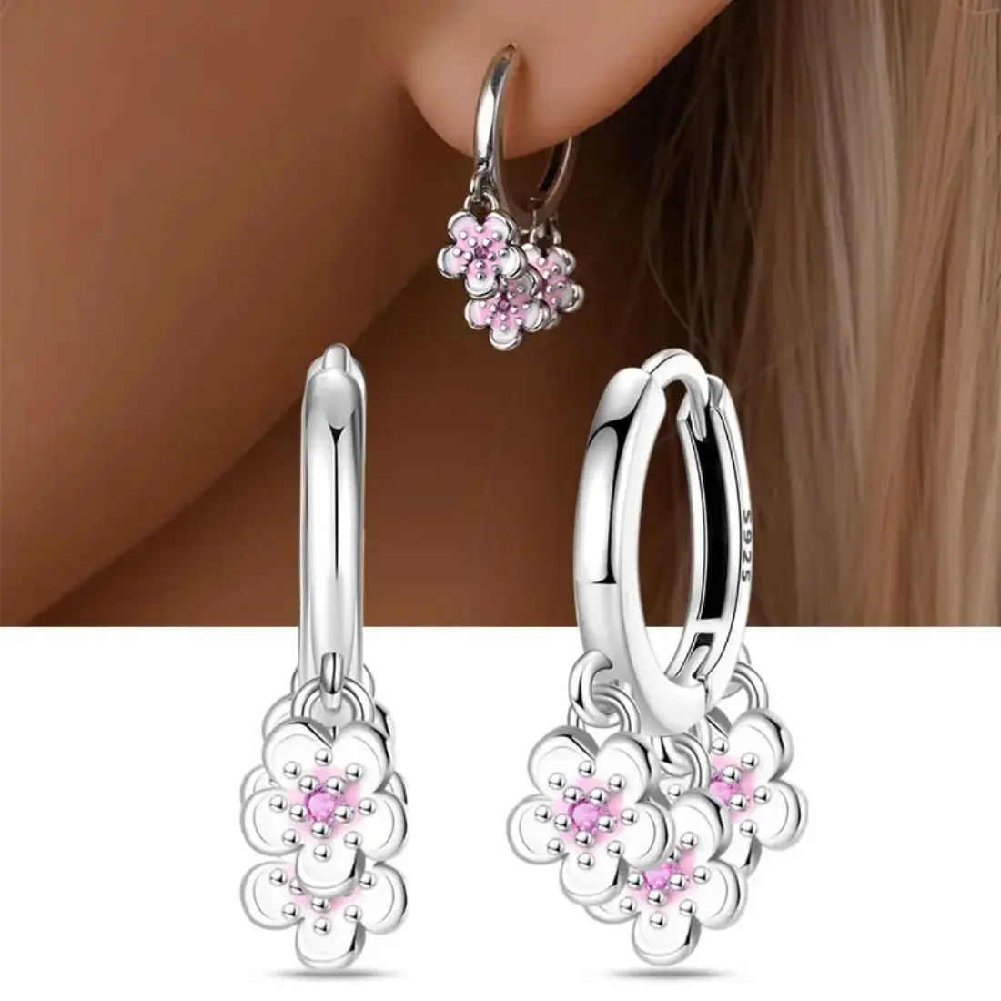 Bejeweled Flower Dangle Earrings for Women, Hypoallergenic Stainless Steel Huggie Hoops for Sensitive Ears, Wedding Jewelry, Female, Flowers