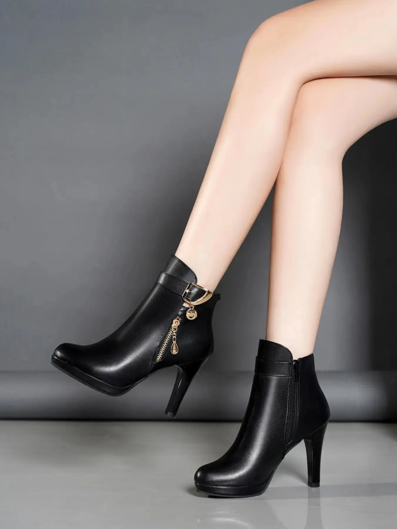 Women's ankle boots, Heeled ankle boots with buckle strap, pendant, side zipper decoration, and stiletto heel. Side-zipper fashion boots suitable for weddings, holidays, parties, and everyday wear Boot Heels PU Leather Boots