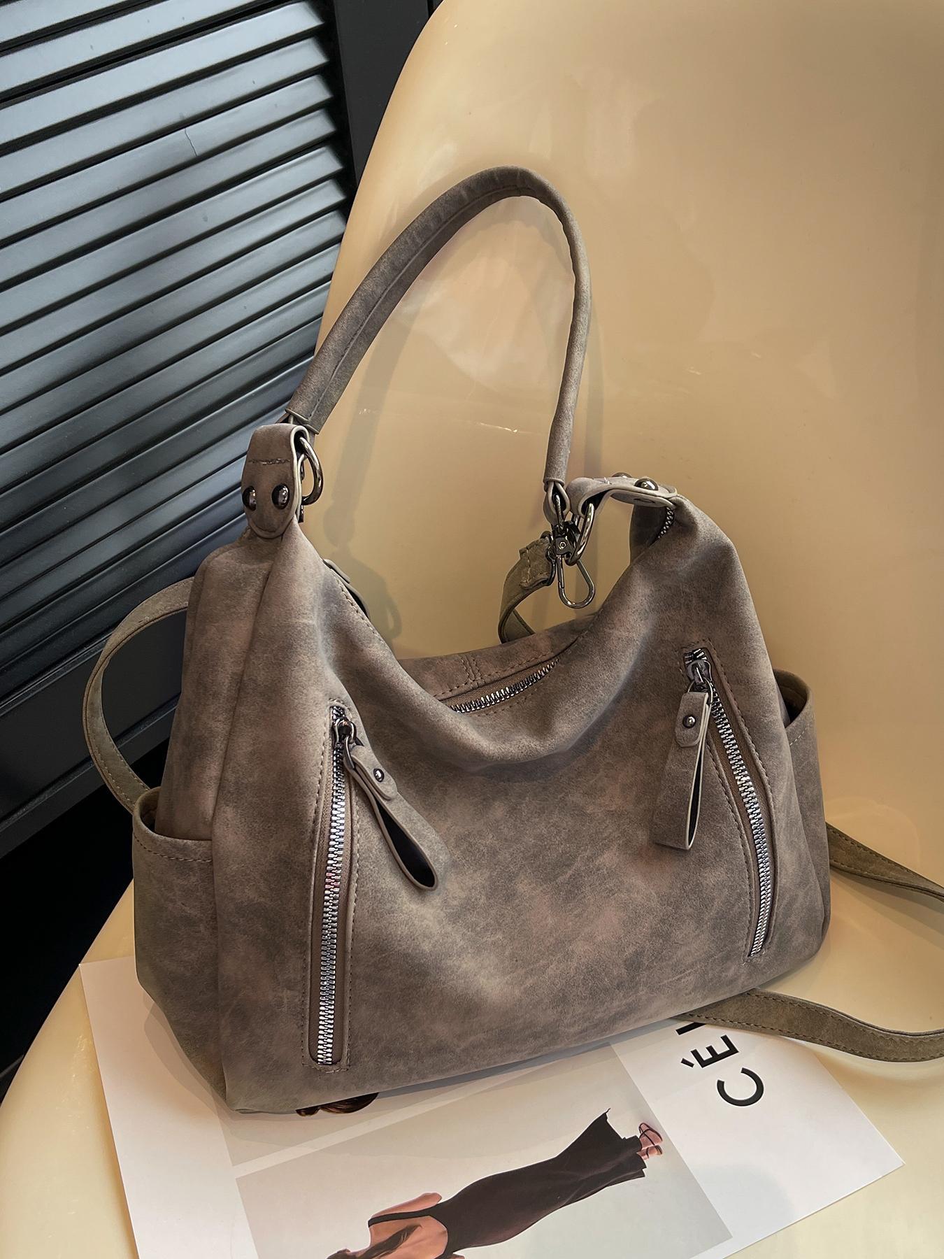 PU Hobo Shoulder Bag, Large-Capacity Solid Color Zipper Bag for College Students and Office Workers, Fall & Winter Fashion Studded Crossbody Bag for School, Work and Daily Commute, Crossbody Purse