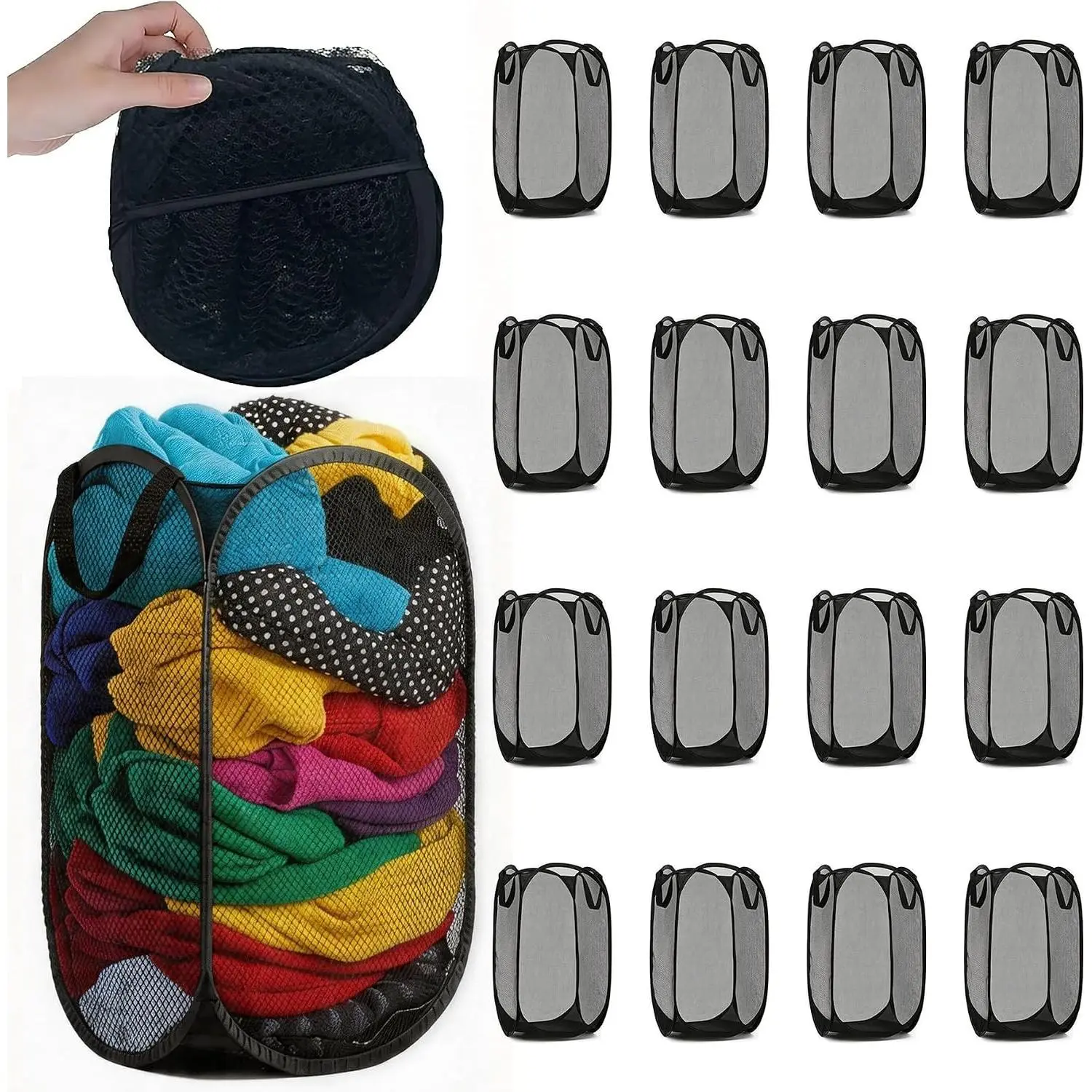 16 Pack Commercial Pop Up Laundry Hampers, 112L Large Capacity, Foldable Mesh with Steel Frame Oxford Fabric Bulk Laundry Baskets for Hotels, Dorms, Property Management, 15.7" x 15.7" x 27.6"