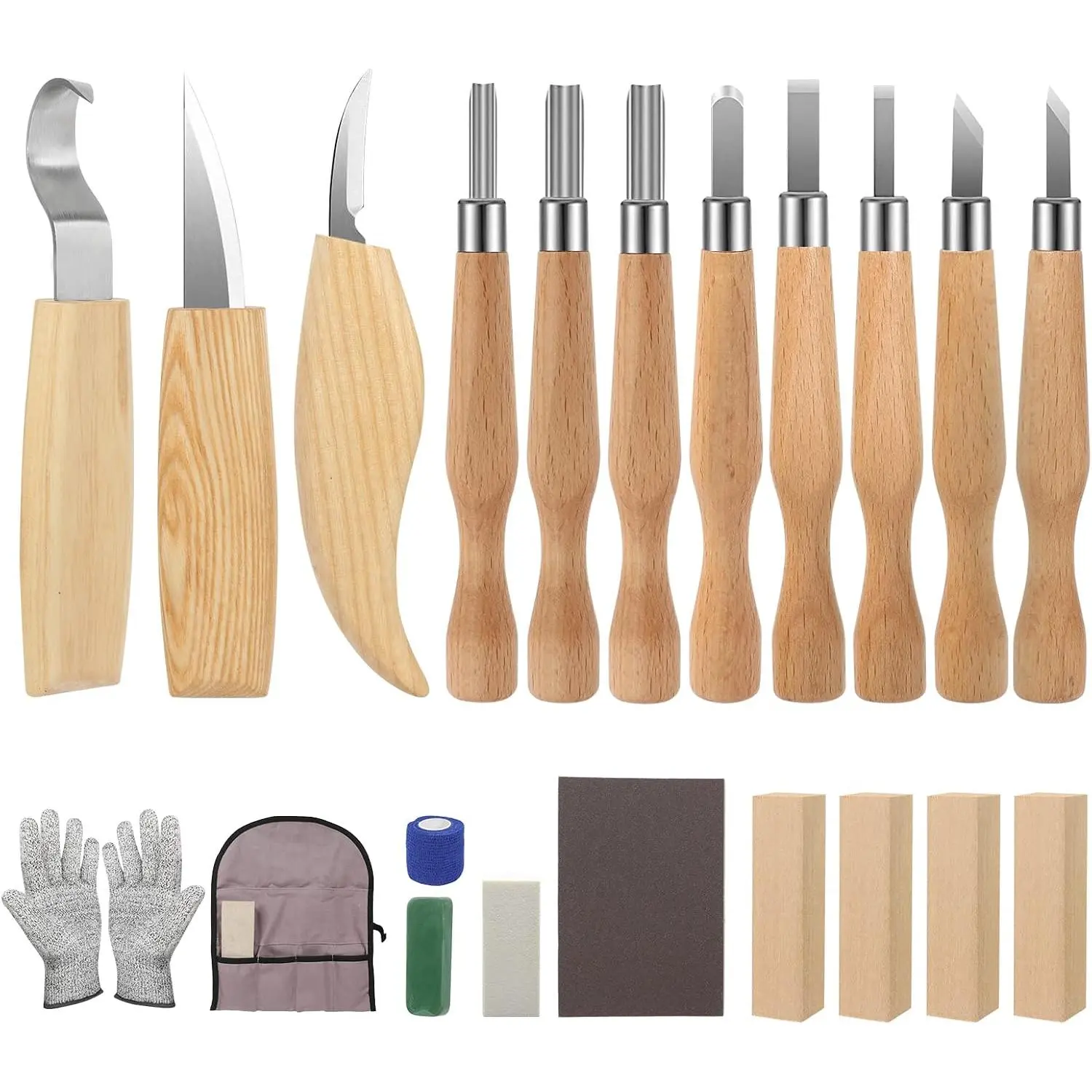 Carving Kit 26 count  Carving Tools Set with  Carving  Detail  Blocks Gloves Whittling Kit for Beginners Adults  Woodworking Tools for Spoon Bowl Kuksa Cup