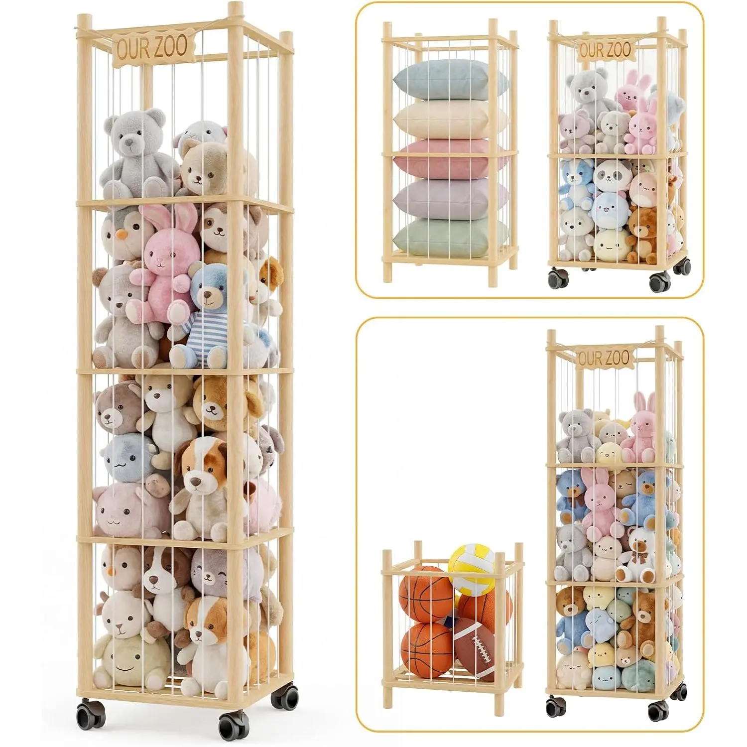 Wooden DIY Stuffed Animal Storage Racks Kit - Adjustable 1-4 Tier Organizer with Wheels, Large Display & Organization Holder for Playroom, Pet Supplies Compatible Gift Idea for Toddlers, Boys, Casters