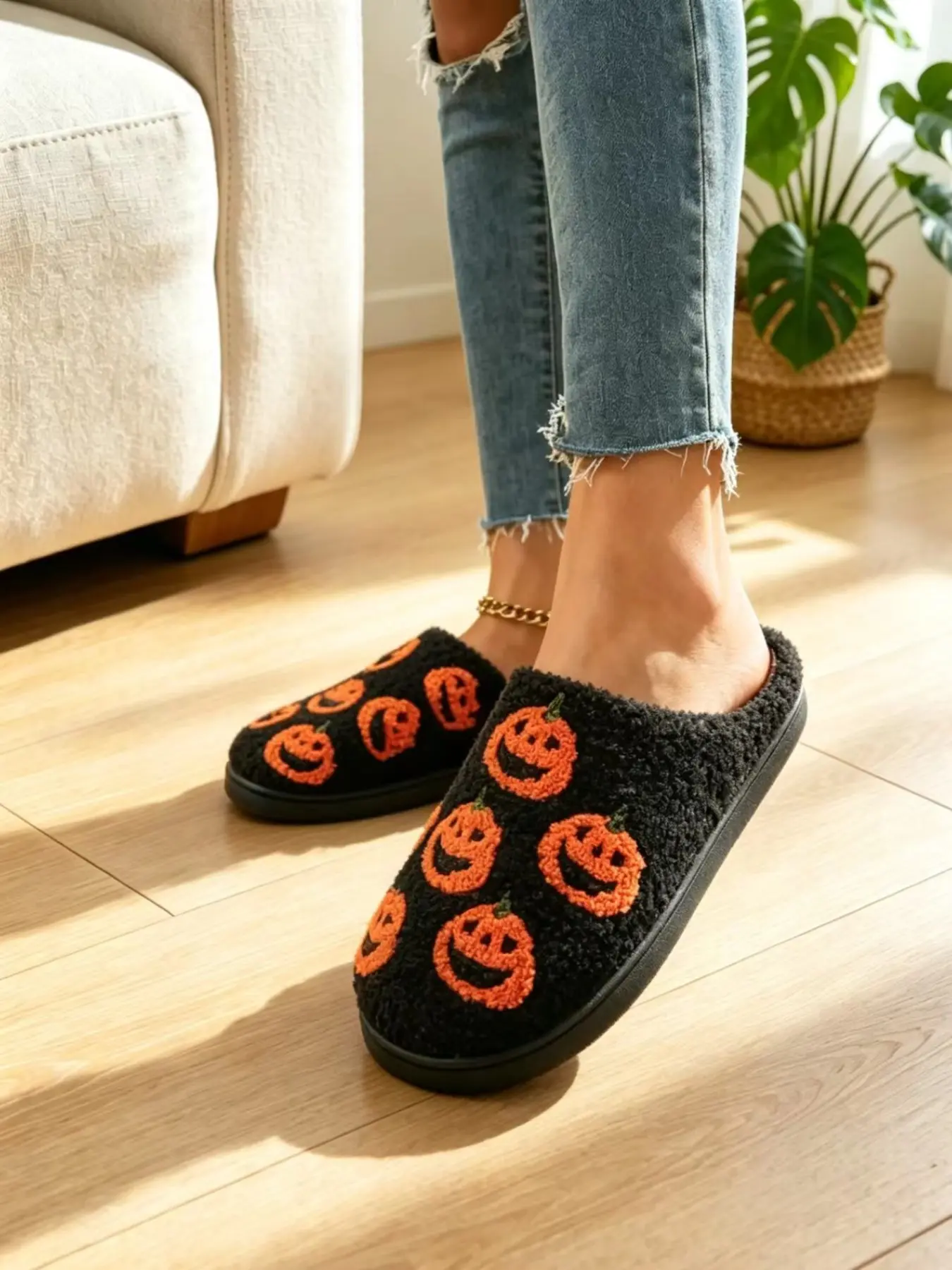 Women's Halloween Pumpkin Pattern Cotton Slippers, Soft Fuzzy Thick Rubber Sole Indoor Shoes, Non-Slip Warm Home Footwear for Fall Winter