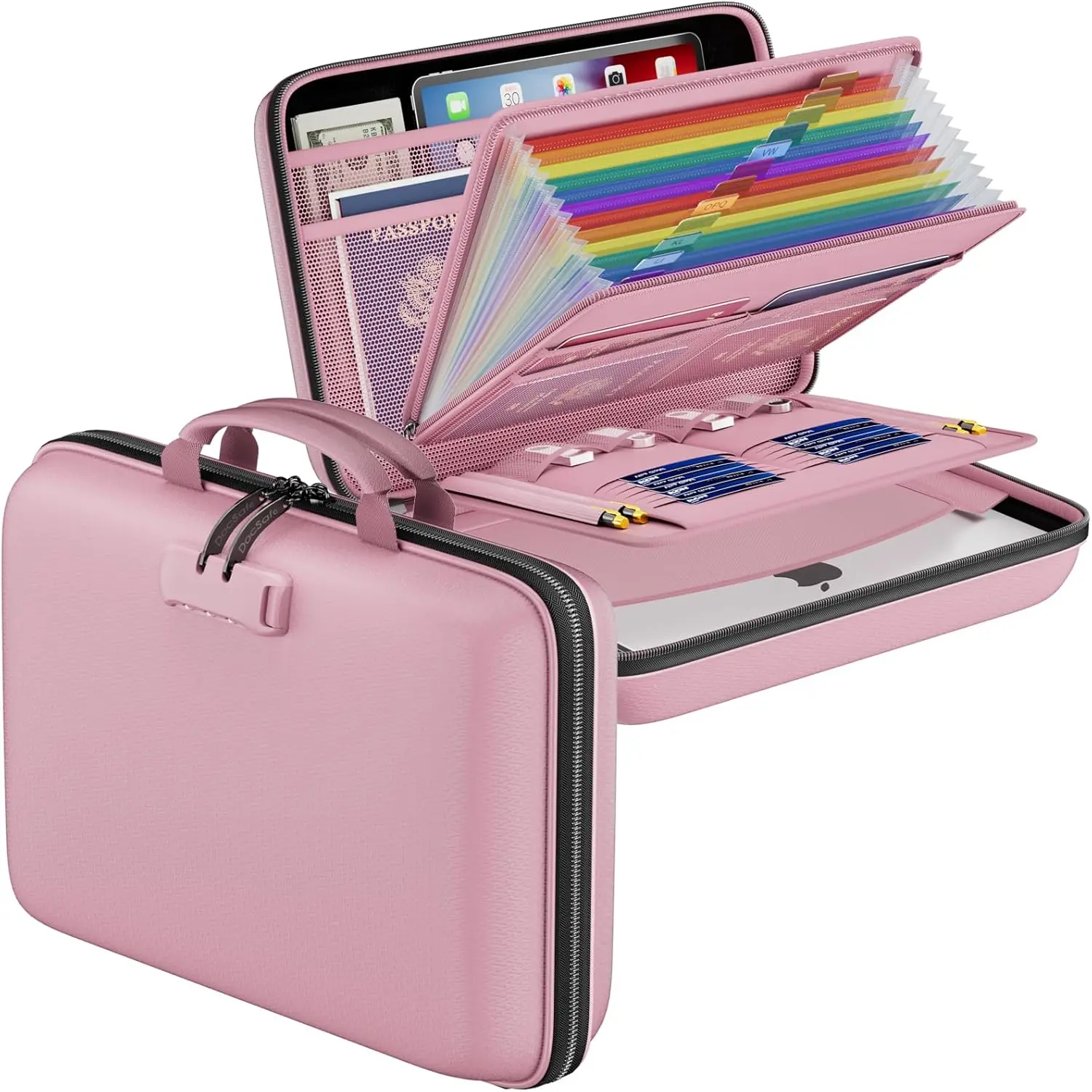 UL94-V0/5VA Flame Retardant Tested Fireproof Lockable File Organizer, Upgraded Hard-Shell Business Document Box with 13 Accordion Pockets, 15.5in x 11.5in x 3in Portable Travel Storage (Pink) with Strong Handle, Trusted After-Sales Service, Home Storage